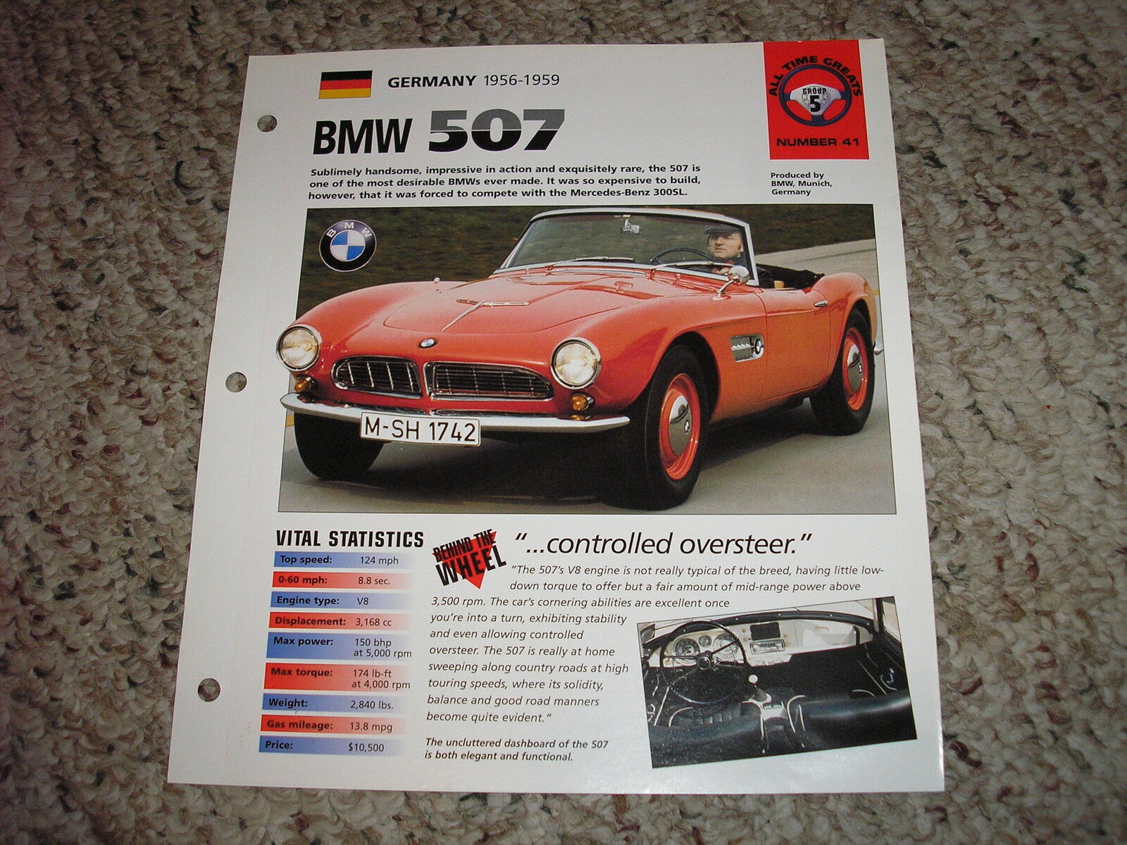 Germany 1956-1959 BMW 507 Hot Cars All Time Greats GP 5 # 41 Spec Sheet Brochure