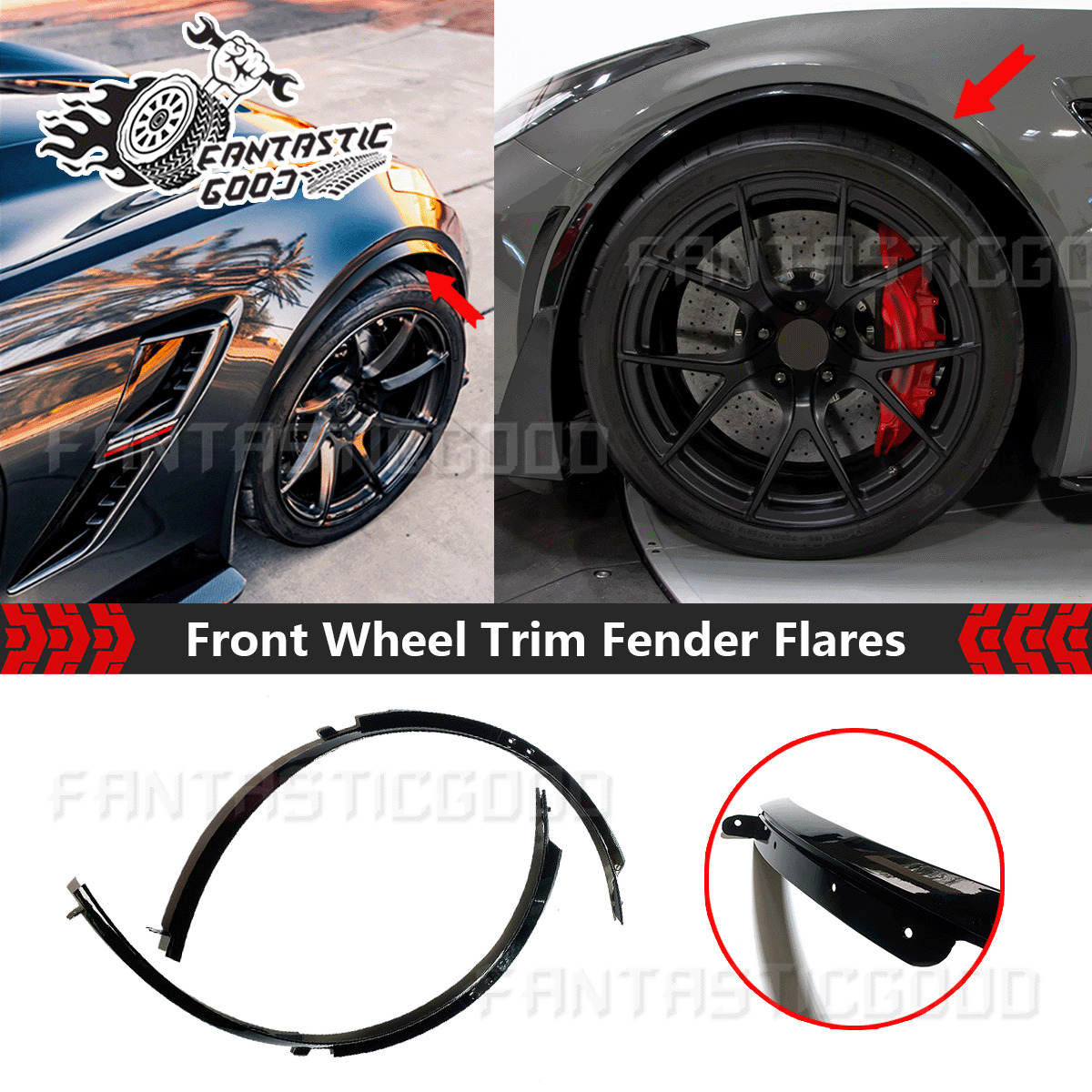 For Corvette C7 2014-19 Pair Gloss Black Front Wheel Trim Fender Flare Extension