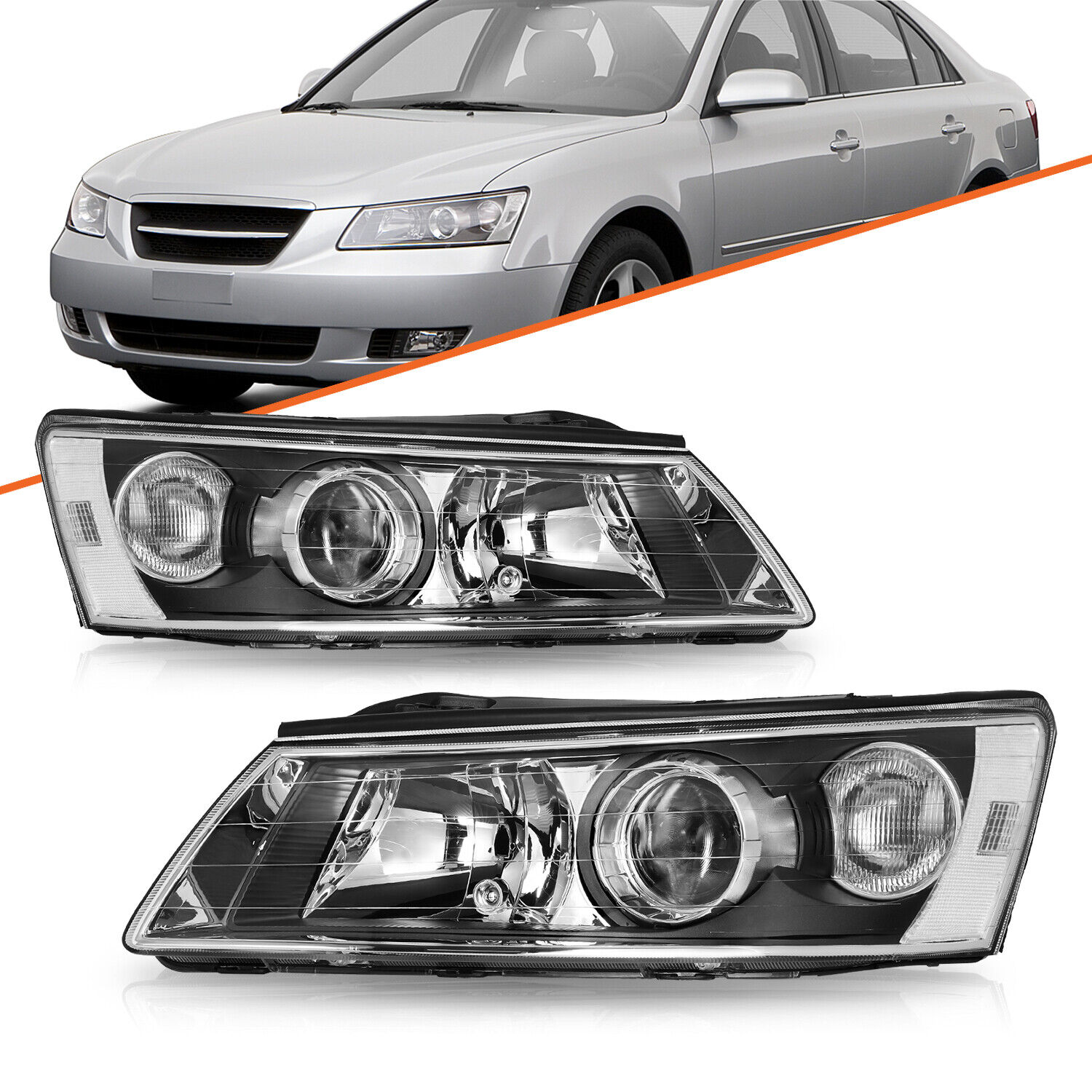 For 06-08 Hyundai Sonata Left & Right  Black Pairs Headlights Assembly Headlamps