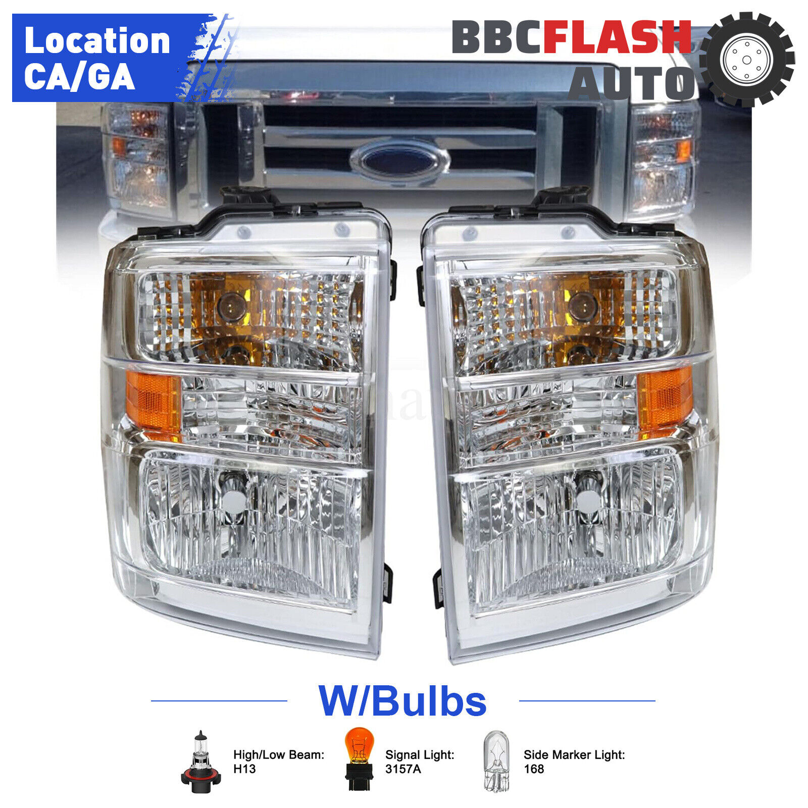 W/bulbs Headlights For 2008-2014 Ford Econoline Van E150 E450 Left+Right Pair