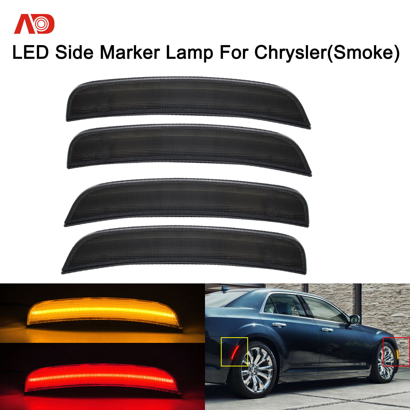 For 2015-2023 Chrysler 300 Smoked LED Side Marker Light Front Rear Lamp 4PCS