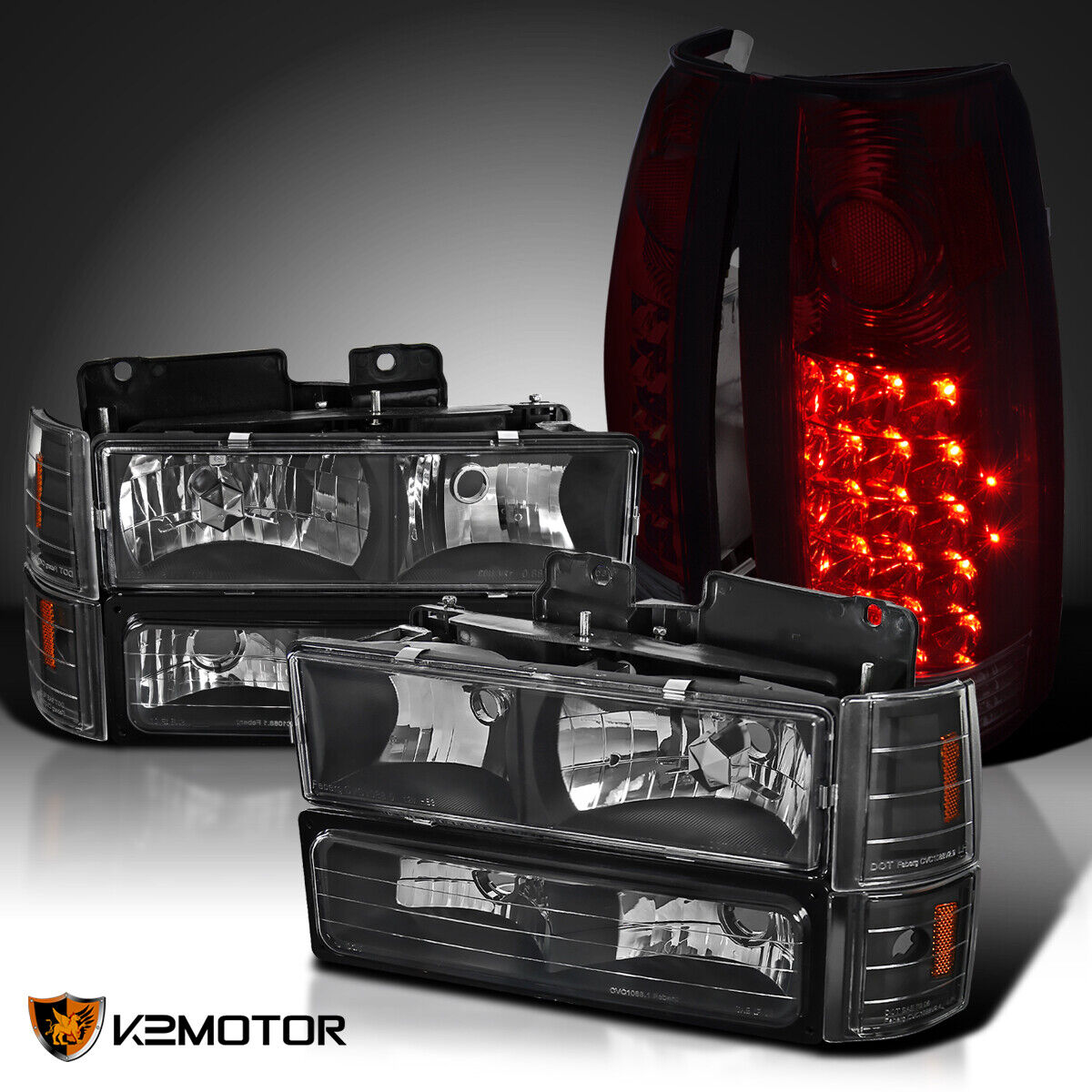 Fits 94-98 GMC C/K Sierra Black Headlights Bumper Corner+Red/Smoke LED Tail Lamp