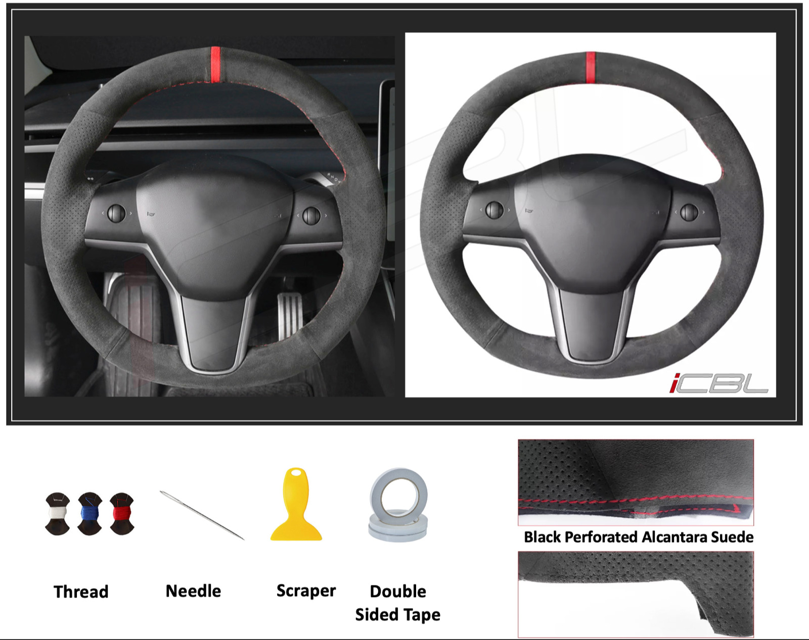 Tesla Steering Wheel Cover Black Alcantara Hand-stitched Suede Model 3 & Y