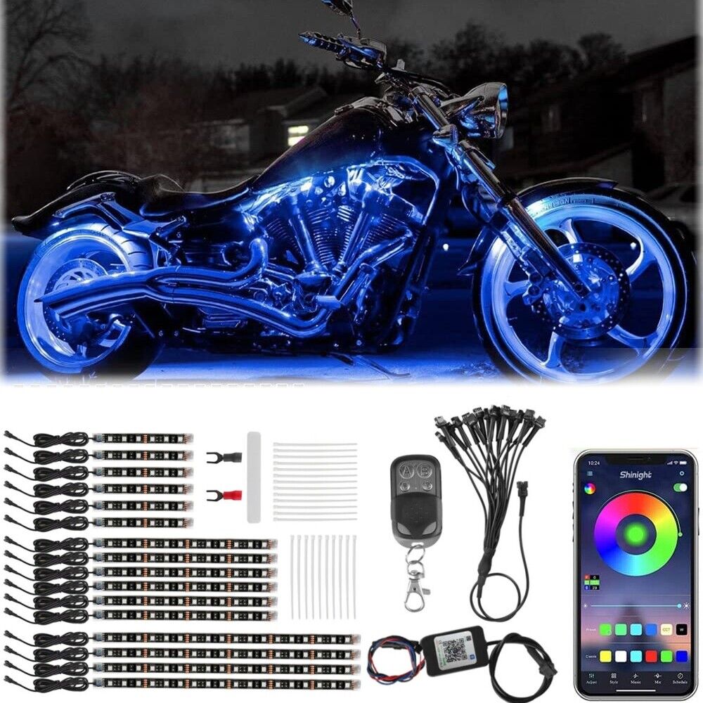 16PC RGB Bluetooth Motorcycle LED Light Under Glow Neon Strip Remote Control Kit