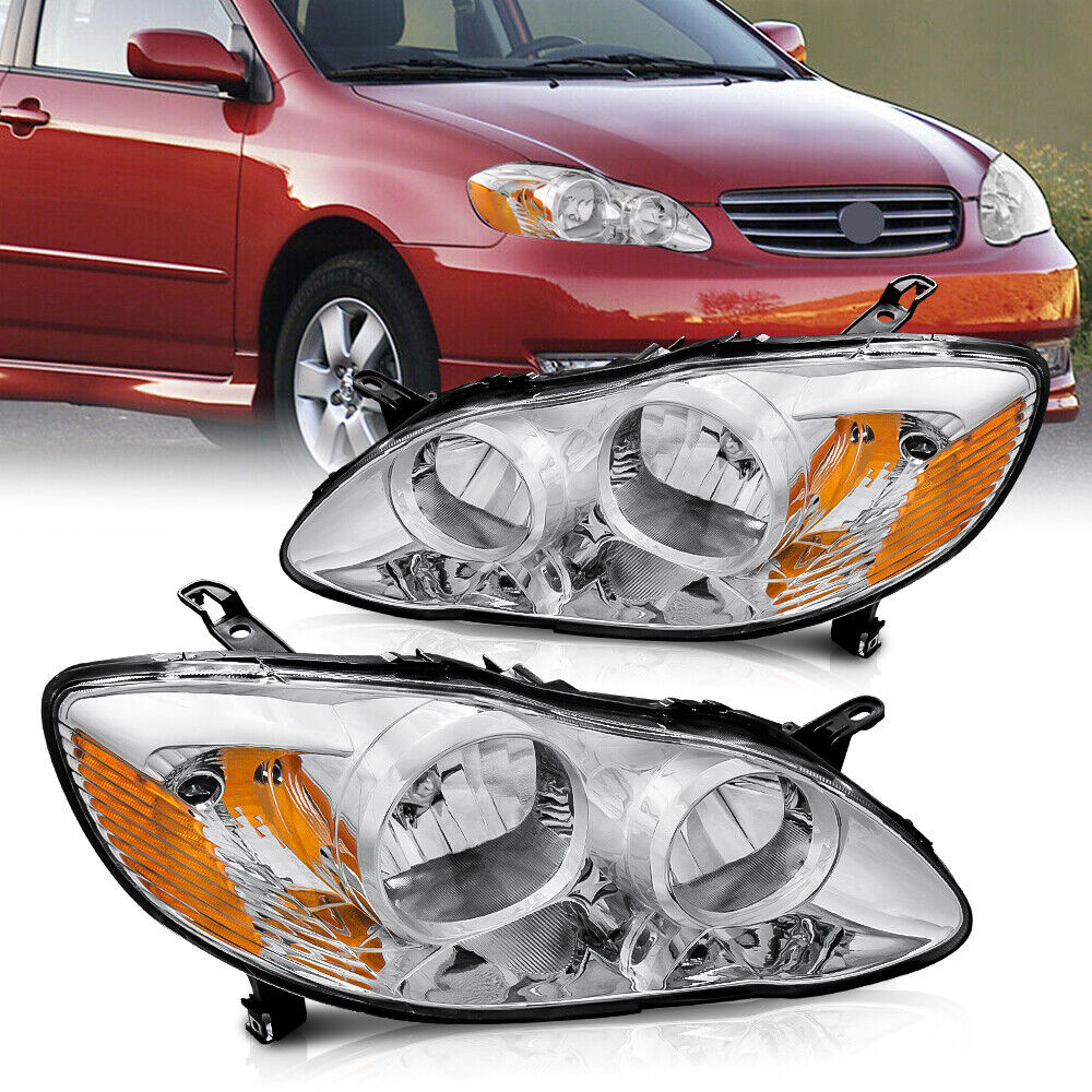 Pair Front Headlights Chrome Housing Assembly For 2003-2008 Toyota Corolla