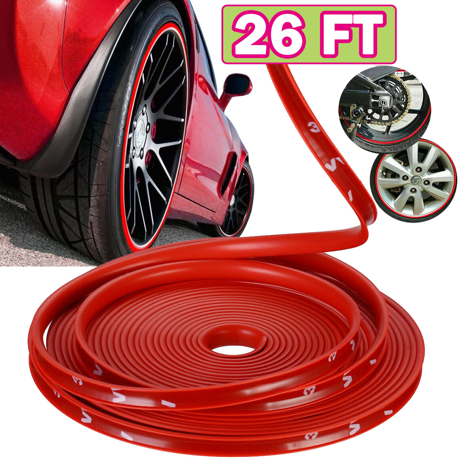 26FT Red Vehicle Car Wheel Hub Rim Trim Guard Protector Rubber Strip Universal