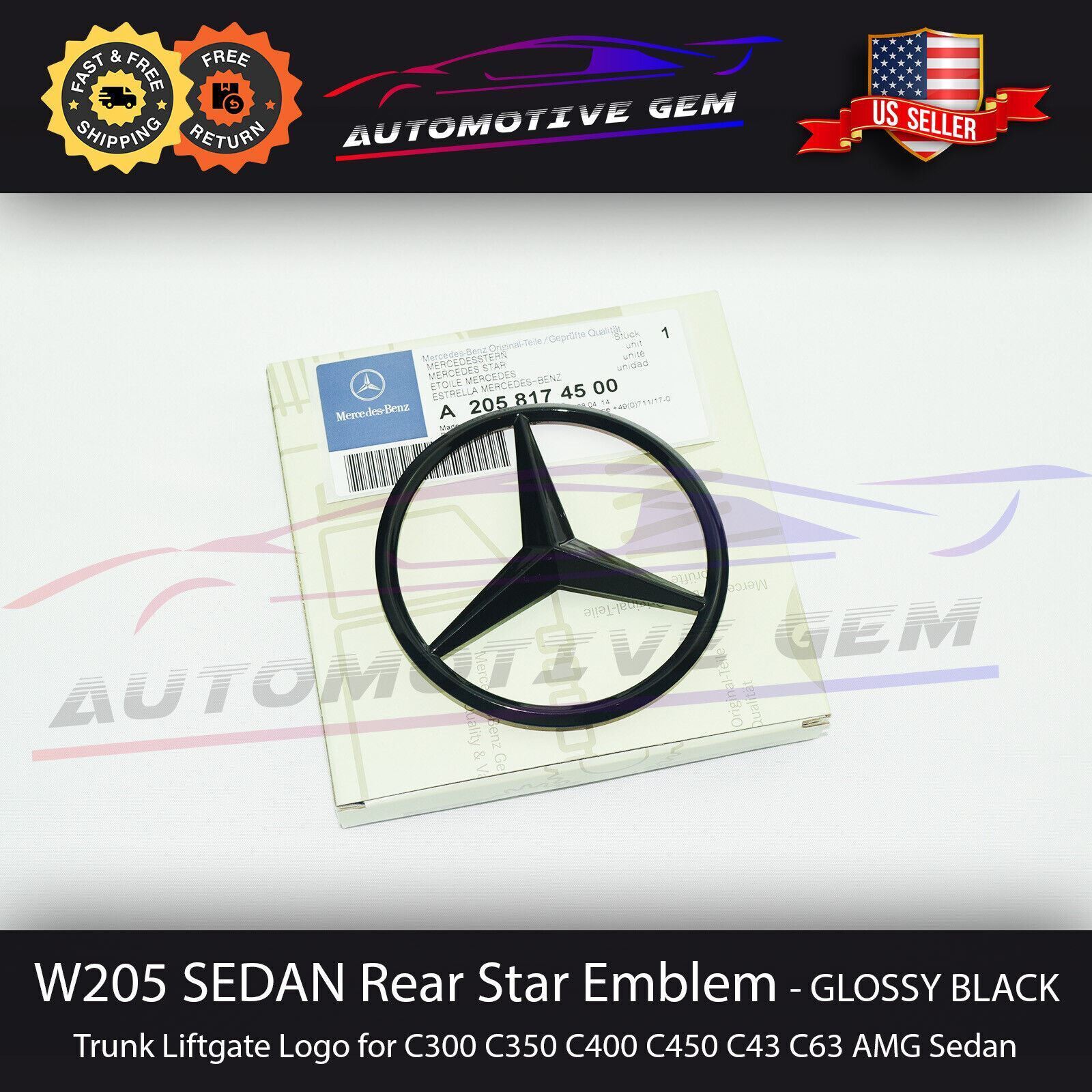 W205 SEDAN Mercedes GLOSS BLACK Star Emblem Rear Trunk Lid Logo Badge AMG C300