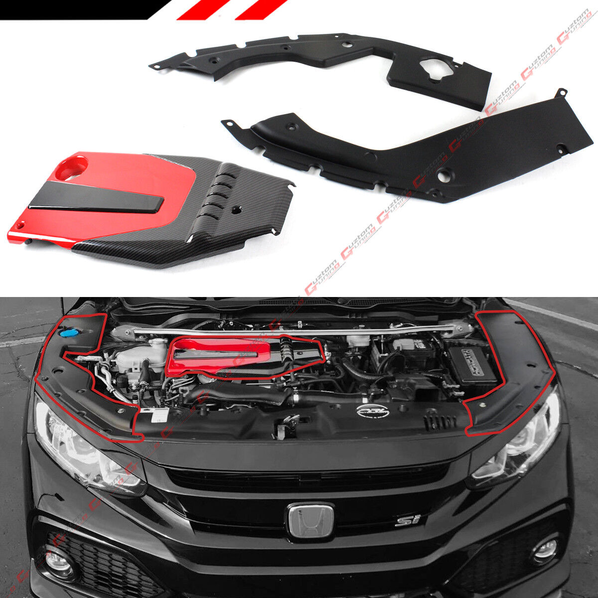 FOR 16-2021 HONDA CIVIC JDM RED BLK TYPE-R STYLE ENGINE COVER + SIDE PANEL COVER