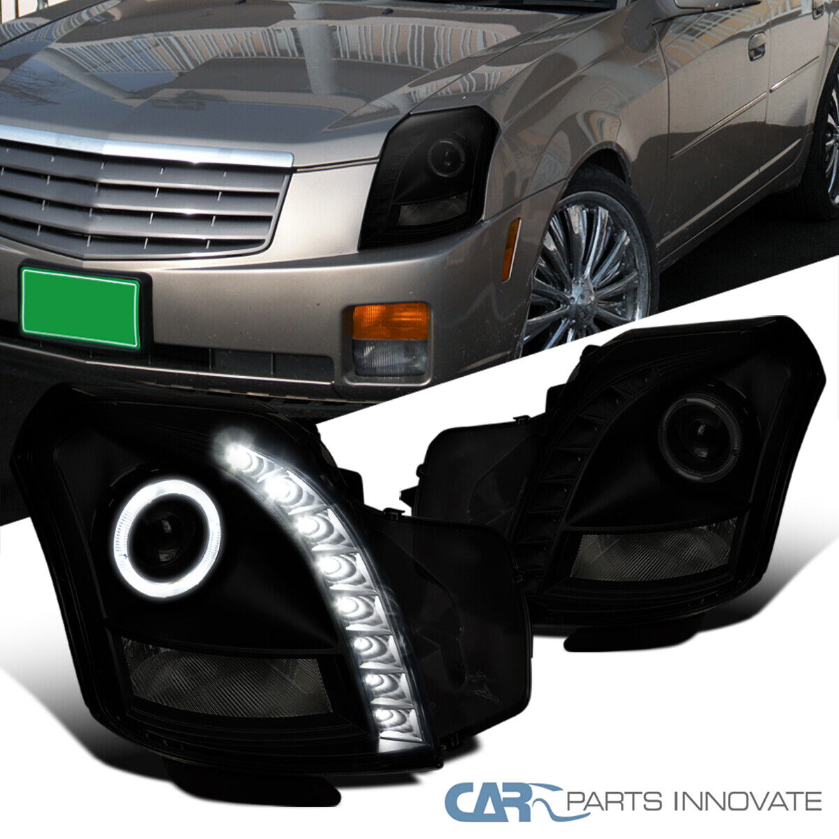 Fits 03-07 Cadillac CTS Black Smoke LED Strip Halo Projector Headlights Lamps