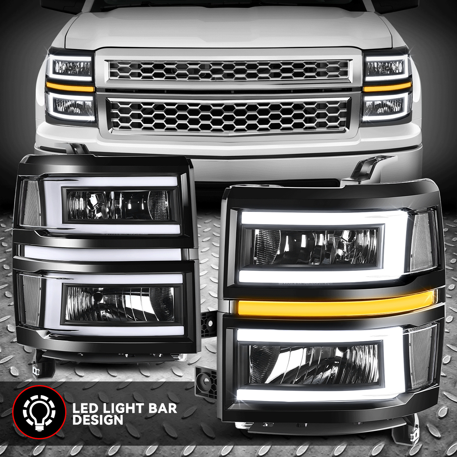 [C-LED Sequential Signal] For 14-15 Chevy Silverado 1500 Headlights Black/Clear