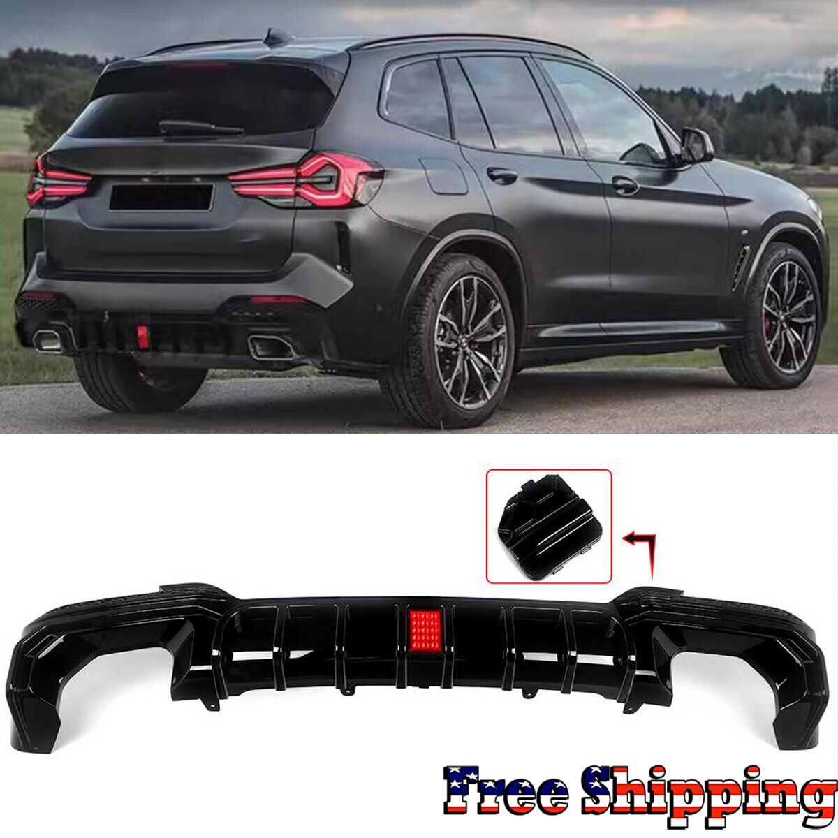 M Look W/ LED Light Rear Diffuser Lip For BMW X3 G01 M Sport 22-ON Glossy Black