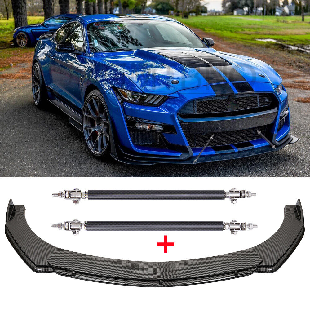 For Ford Mustang GT Shelby GT500 Carbon Front Bumper Lip Spoiler + Strut Rods
