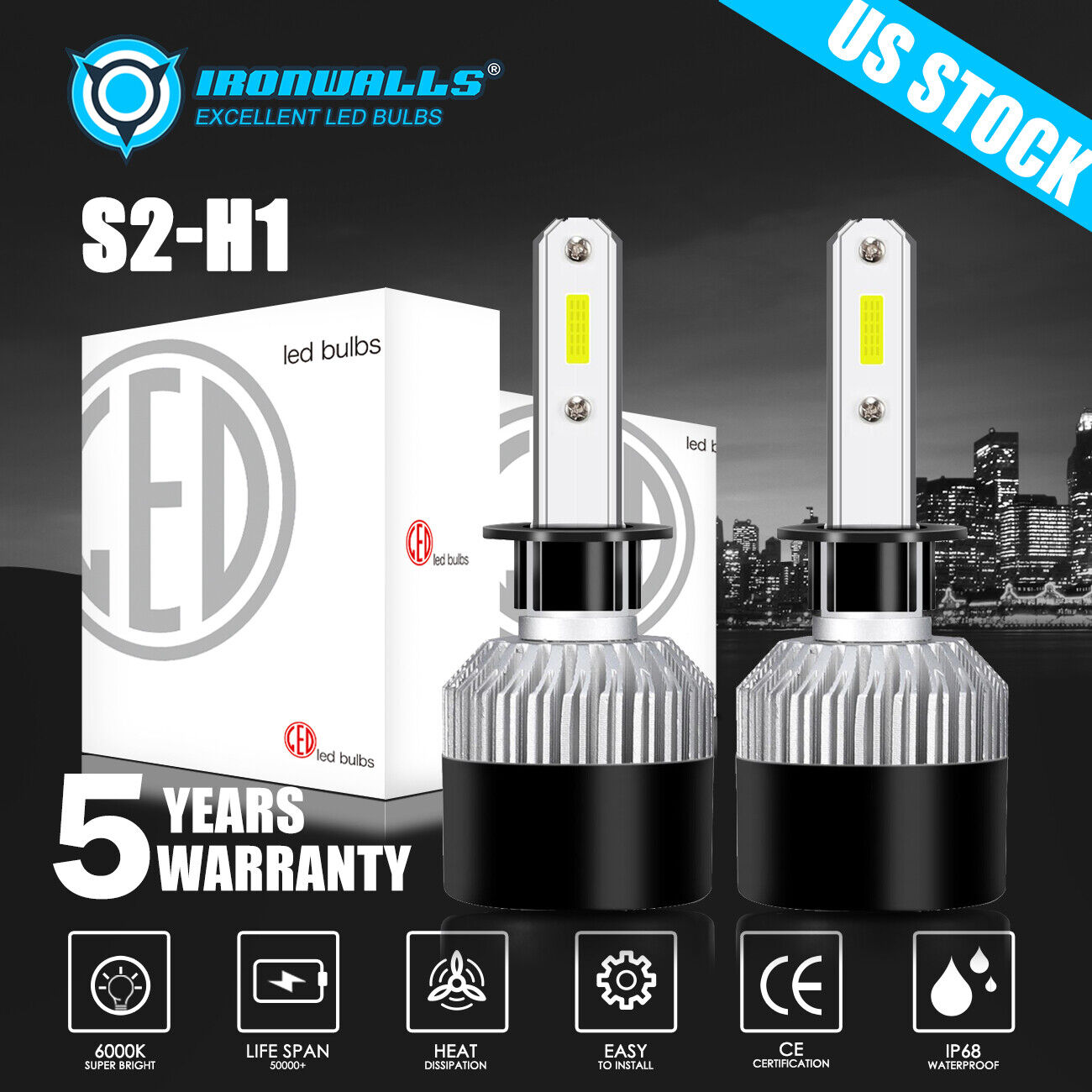 IRONWALLS H1 LED Headlight Super Bright Bulbs Kit Cool White 6000K High/Low Beam