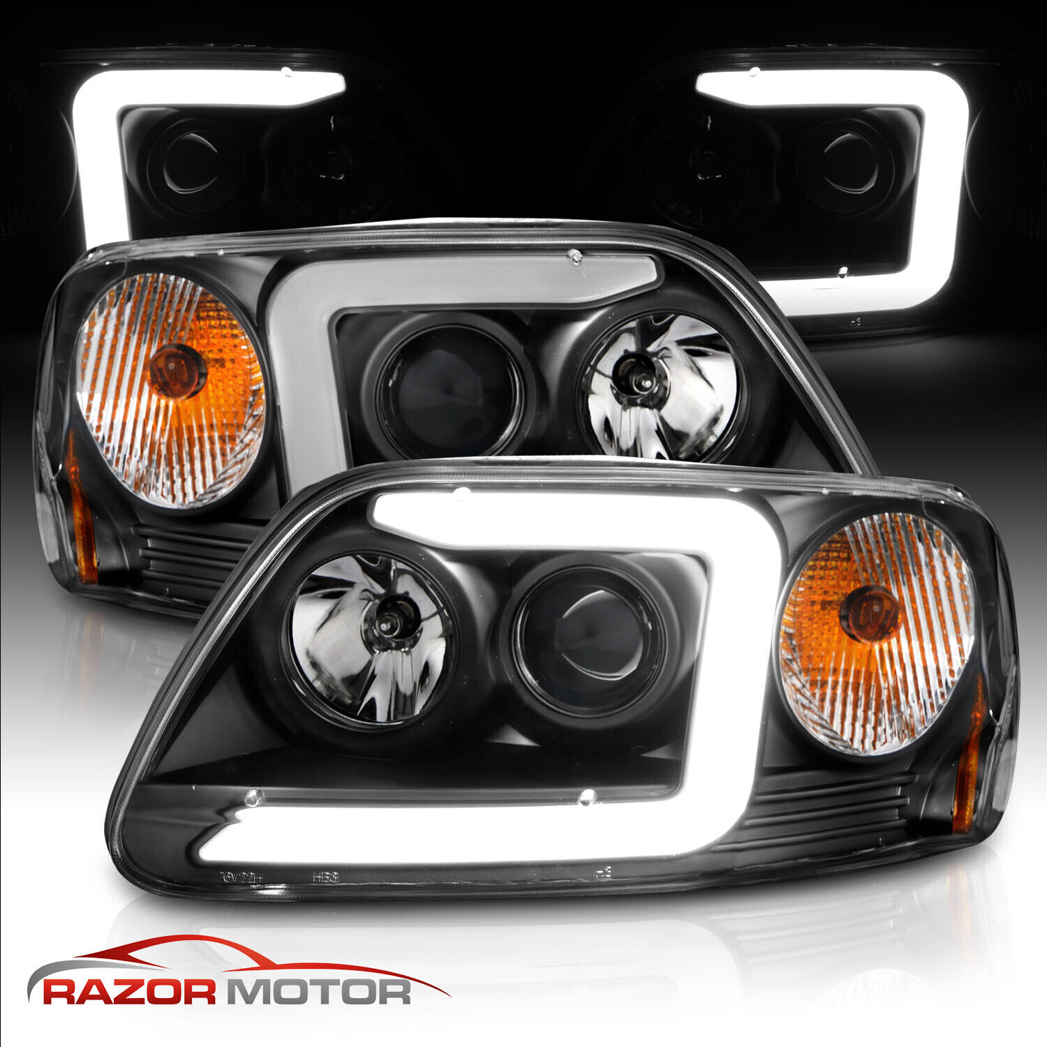 [LED C Light Bar]For 1997-2003 Ford F-150 Halo Ring Projector Black Headlights