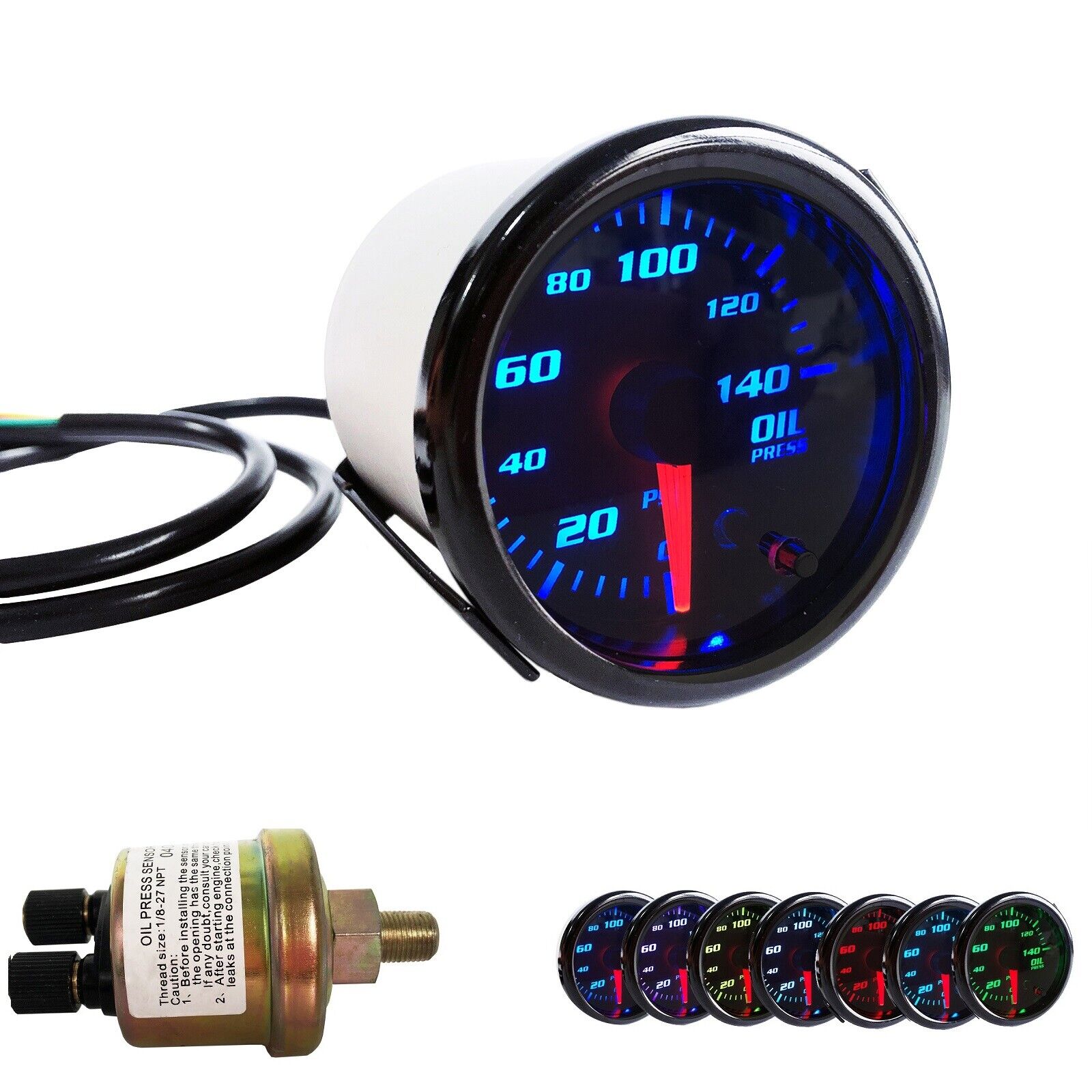 2\'\' 52mm 7 Color LED Oil Pressure Gauge Meter W/Sensor 0-140 PSI wire 56cm