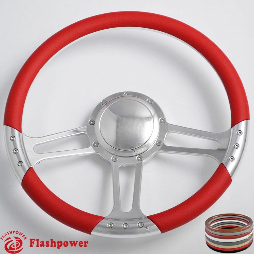 14\'\' Billet Steering Wheels Red Leather Hot Rod GM Buick Riviera Lesabre w Horn