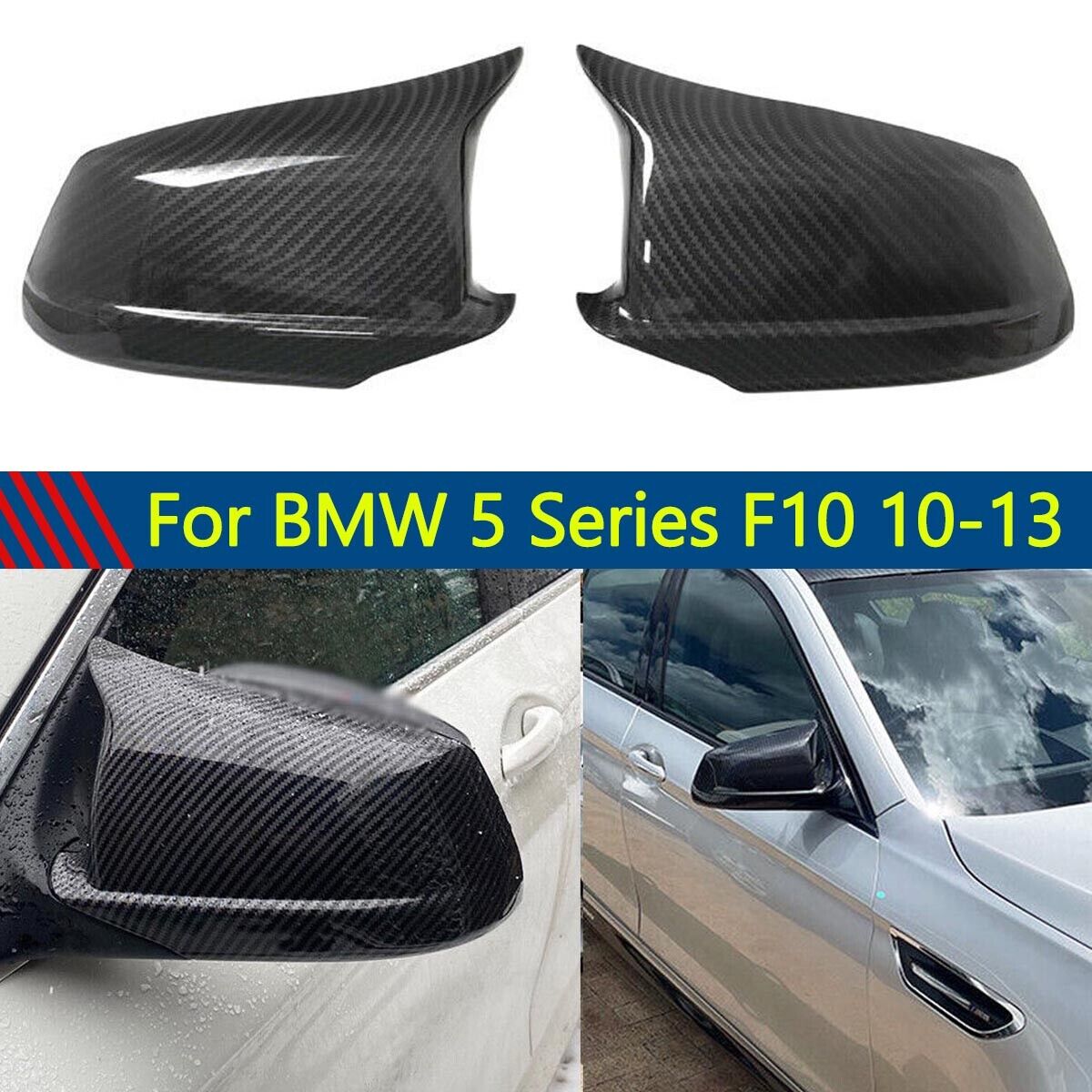 Pair Side Mirror Cover Caps For 11-13 BMW F10 5-Series 528i Pre-LCI Carbon Look