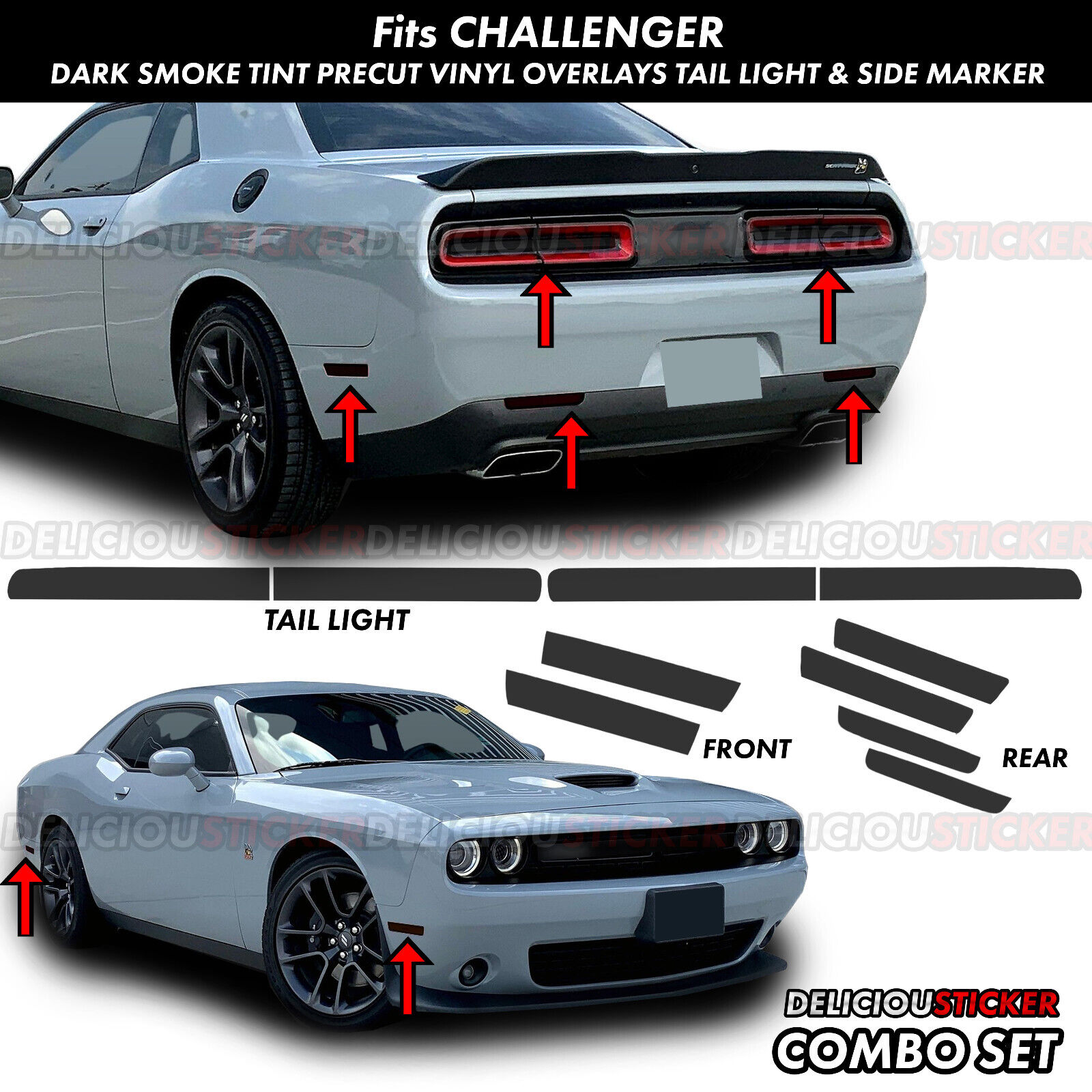 For Challenger 15-23 Tail Light Side Marker Smoke Overlay PreCut Vinyl Rear Tint