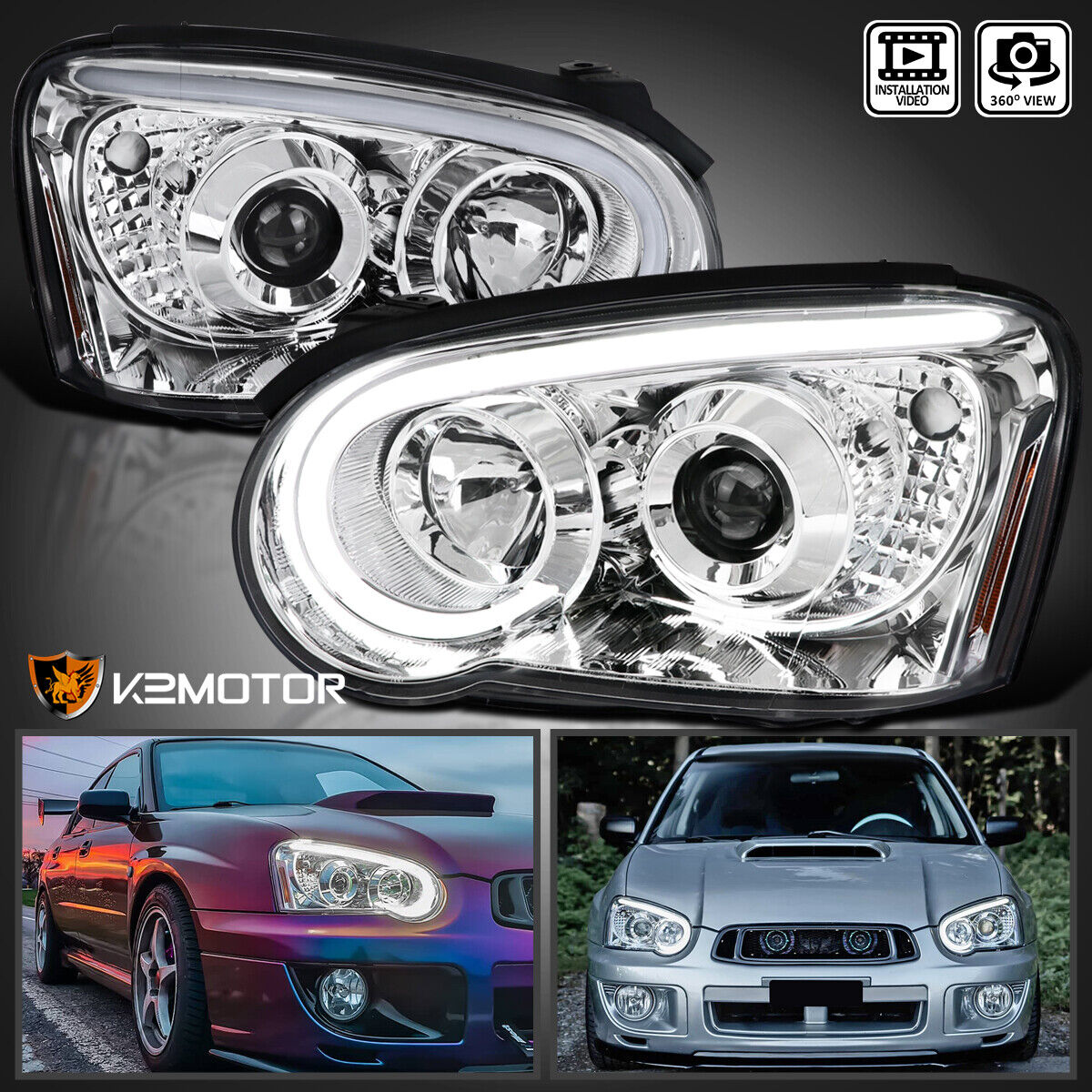 Fits 2004-2005 Subaru Impreza WRX LED Strip Projector Headlights Head Lamps