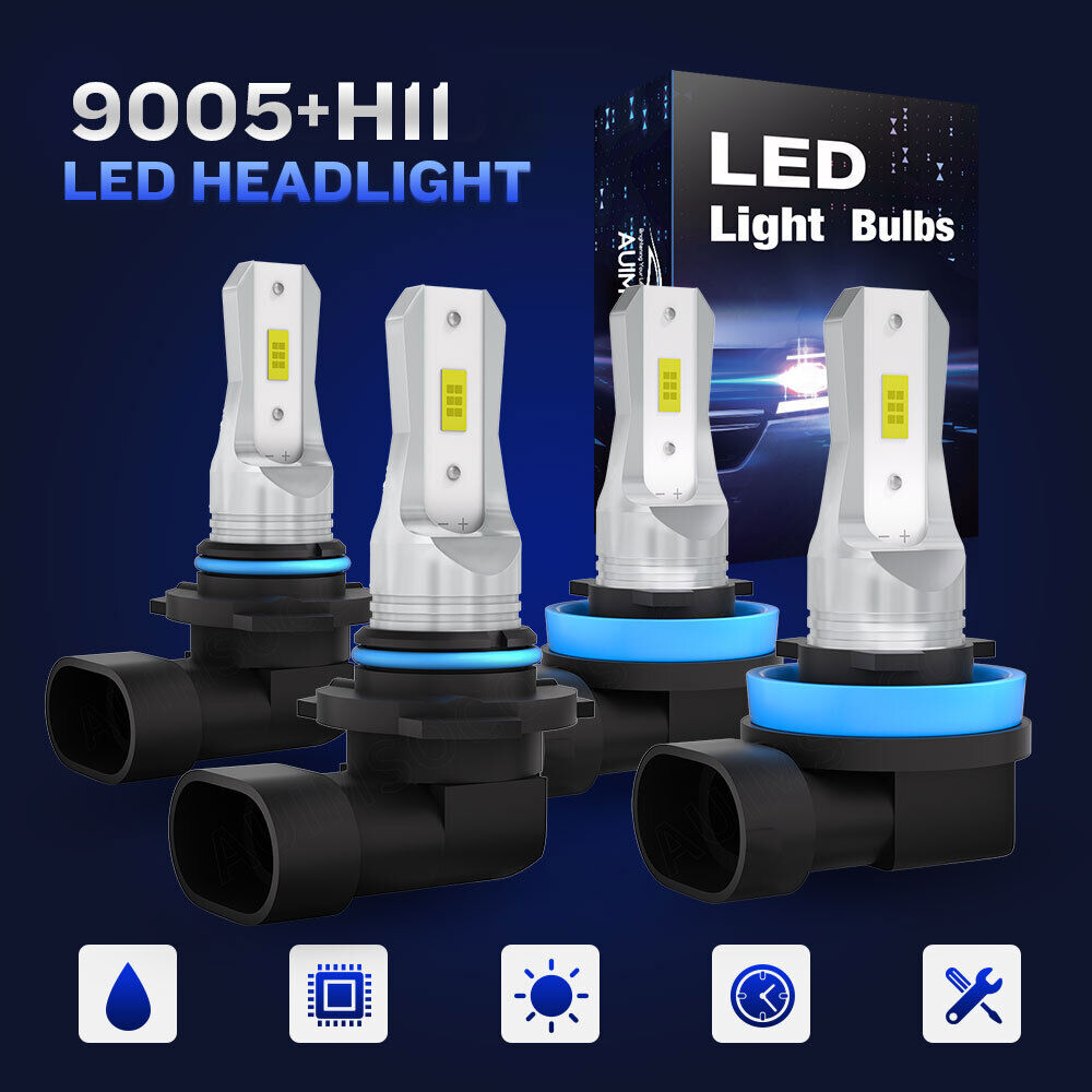 4X 9005 H11 LED Headlight Combo High Low Beam Bulbs Kit Super Bright Lamps 6000K