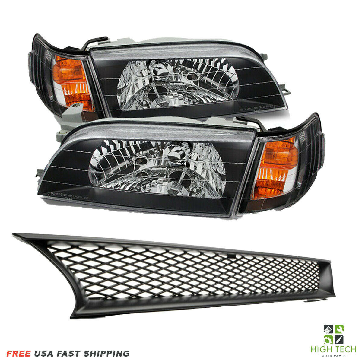 For Toyota Corolla 1993-1997 JDM Front Headlights Black & Free Grille Sport Mesh