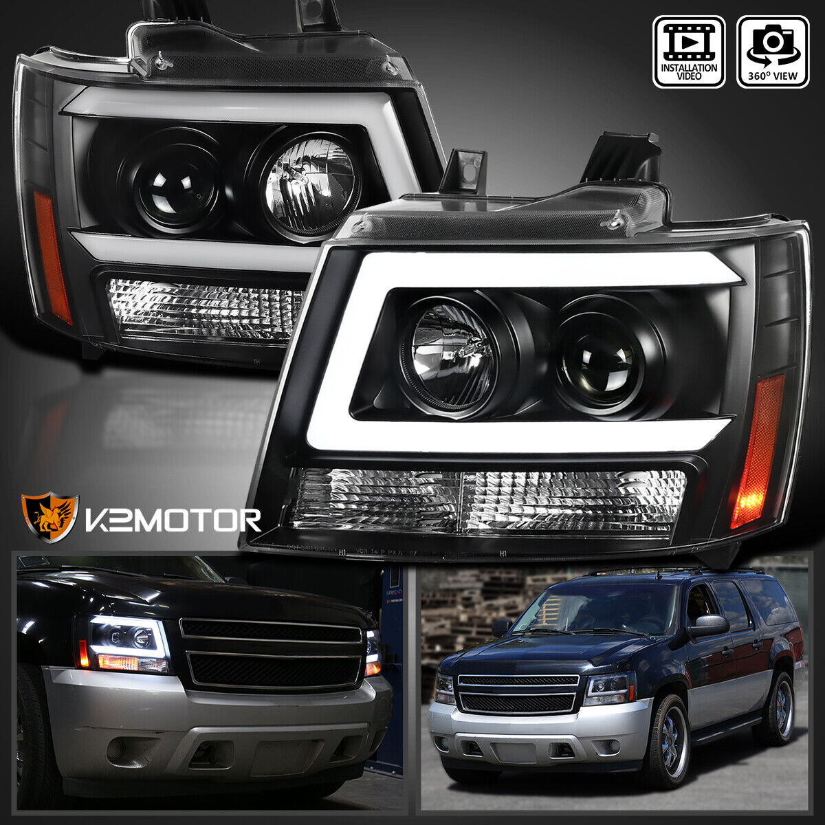 Black Fits 2007-2013 Chevy Suburban Tahoe Avalanche LED Bar Projector Headlights