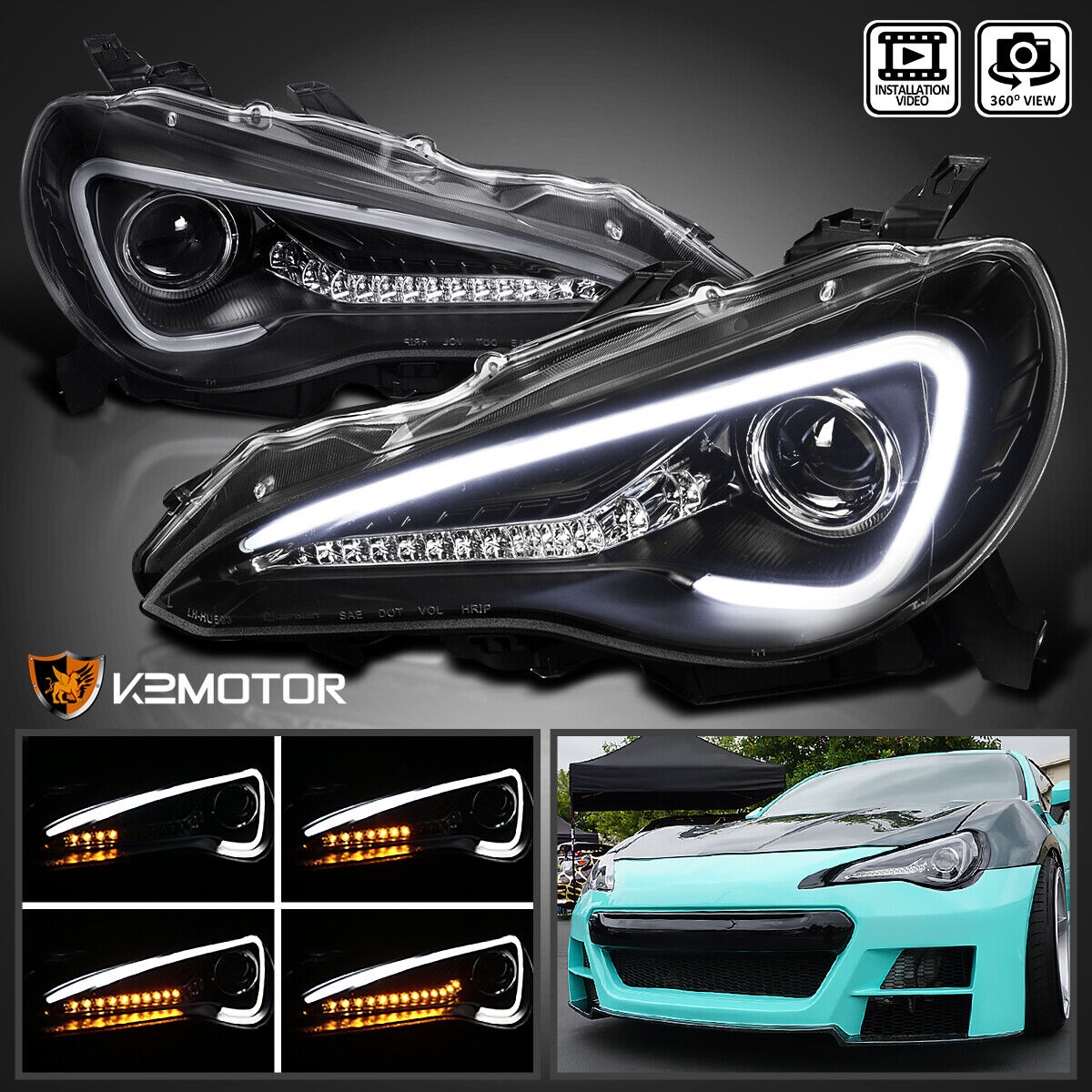 Black Fits 2012-2016 Scion FR-S [LED Sequential Signal] Projector Headlights
