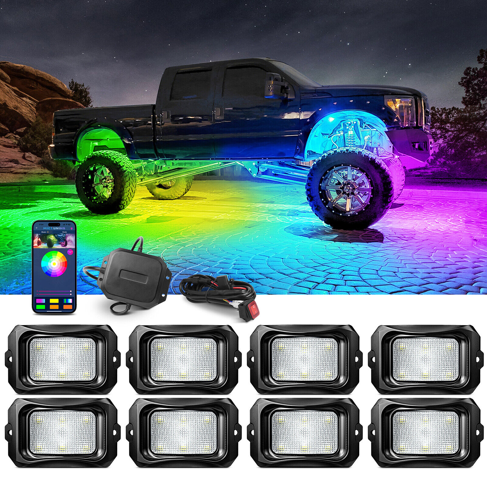 MICTUNING C2 RGB+IC LED Rock Lights Kit 8Pods Offroad Truck Underbody Neon Music