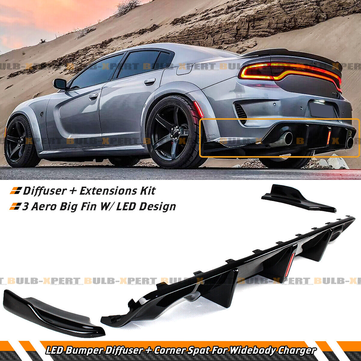 For 20-22 Charger Widebody Gloss Black Bumper Diffuser W/ LED + Corner Extension