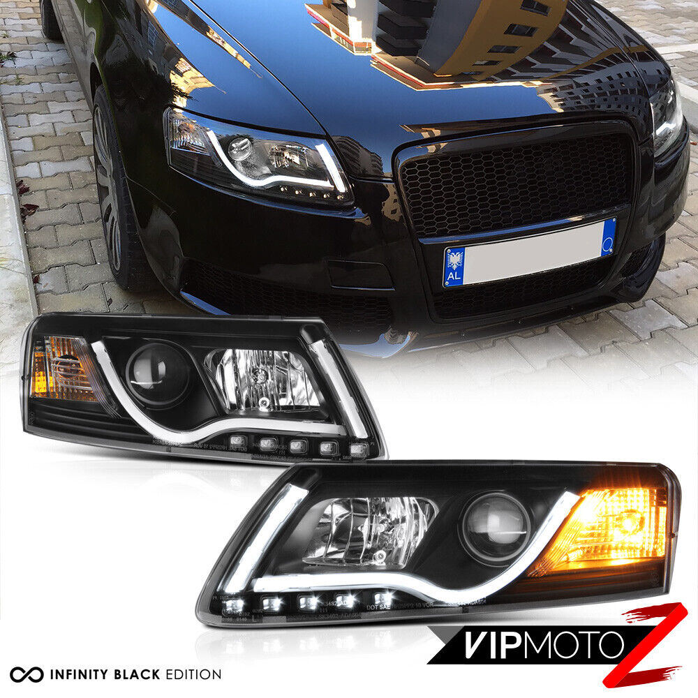 05-08 AUDI A6 Black Projector Headlight Lamp+LED SMD Daytime Driving Lamps Pair