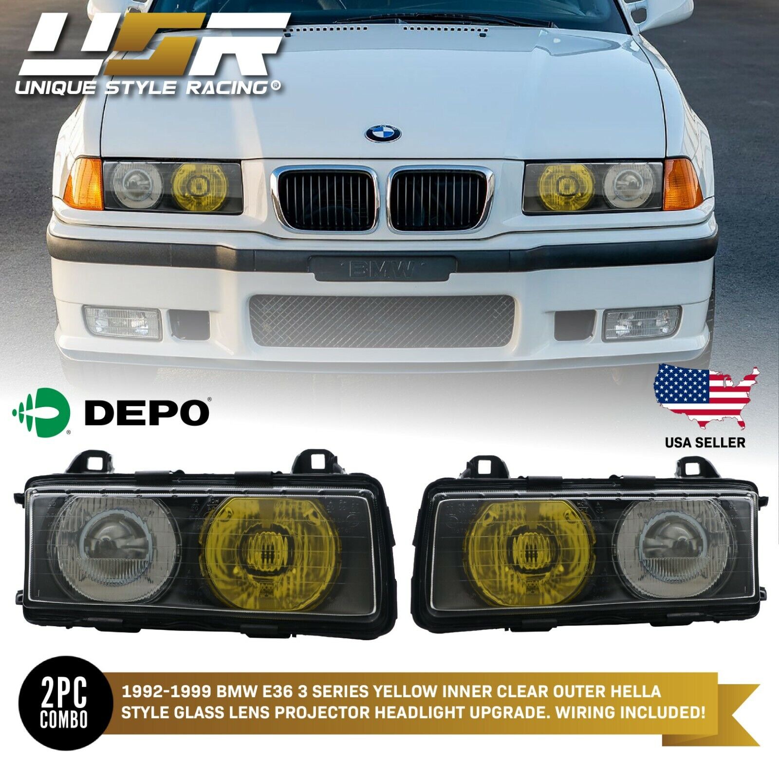 French Yellow/Clear GLASS Lens DEPO Euro Hella Projector Headlights For BMW E36