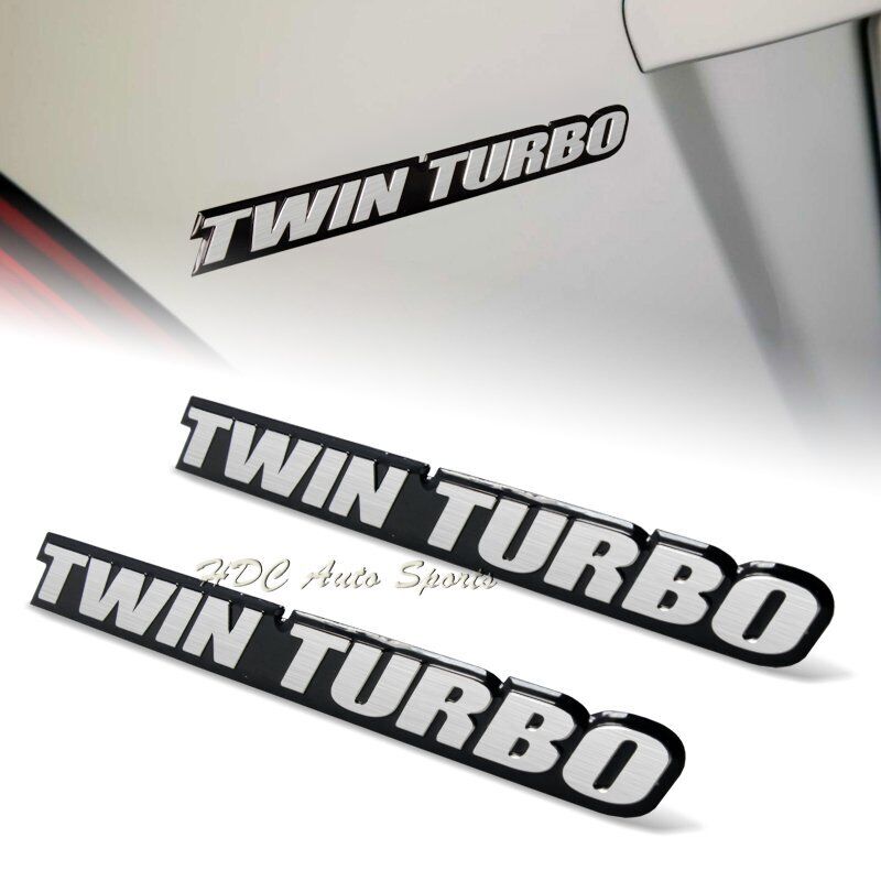 2 X Universal Silver Twin Turbo Aluminum Adhesive Sticker Decal Emblem Badge