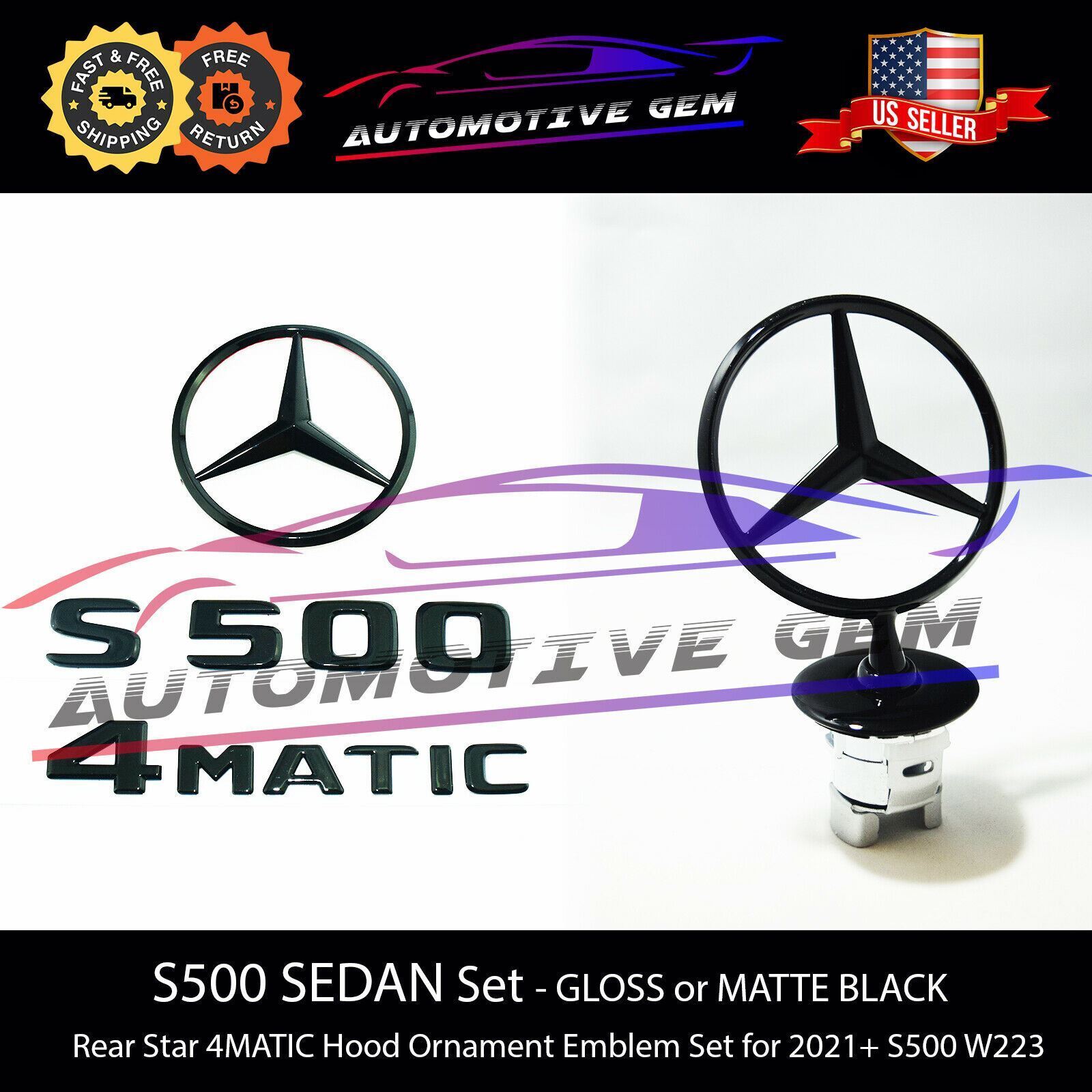 S500 4MATIC Rear Star Emblem Black Badge Logo Hood Ornament Mercedes W223 Sedan