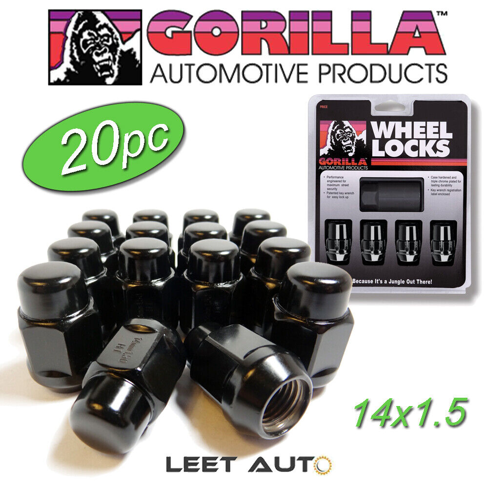 (20pc.) Gorilla Lug Nuts + Wheel Locks combo, 14x1.5, Bulge Acorn, Black Chrome