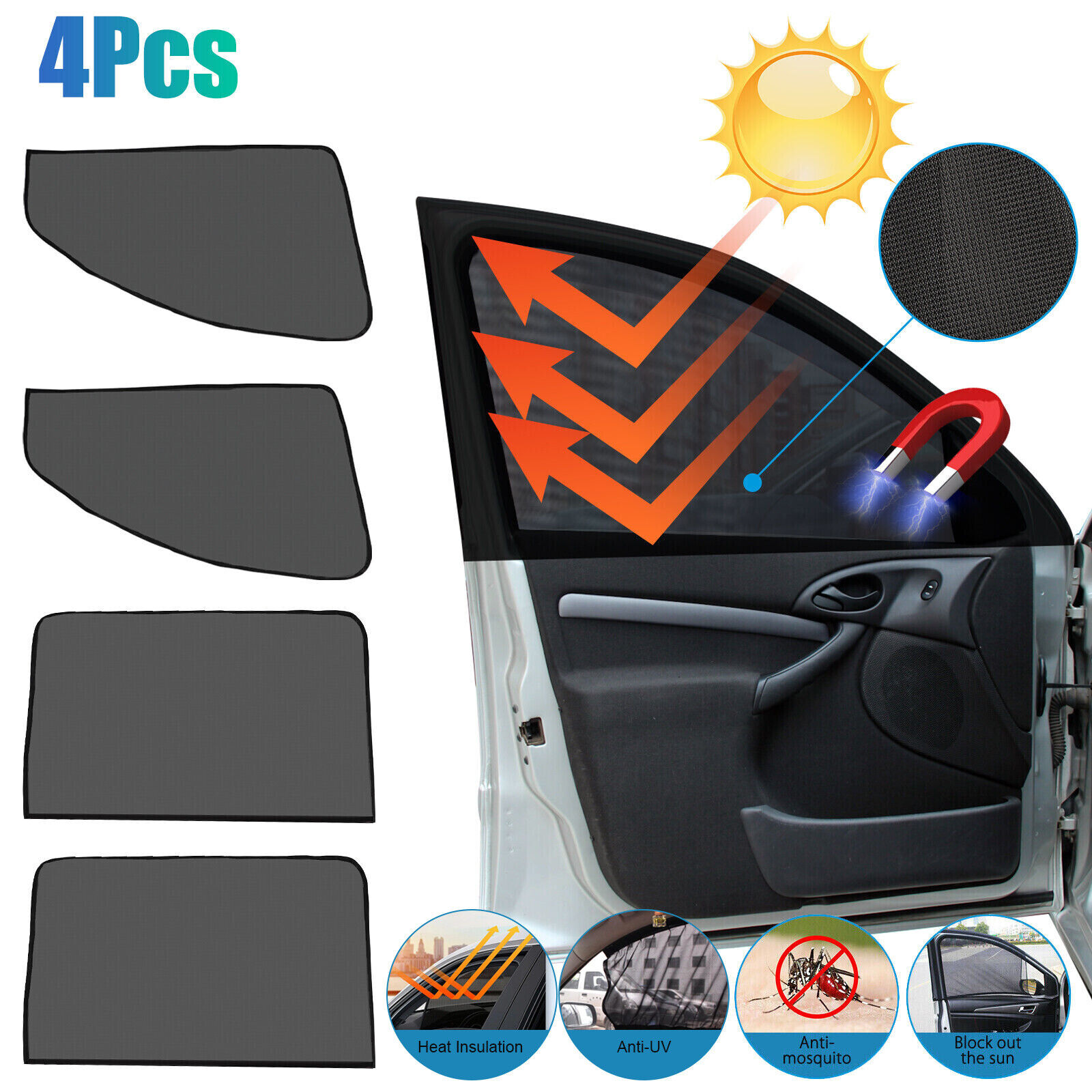 4x Magnetic Car Side Window Sun Shade Cover Visor Mesh Shield UV Block Protector