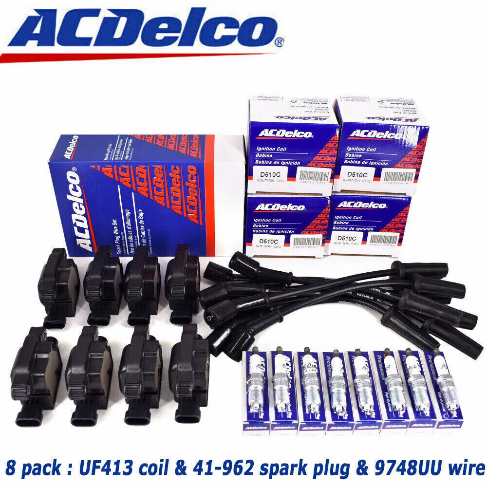 8 PACK Fit AcDelco UF413 Ignition Coil + 41-110 Spark Plug + 9748UU Wire GMC OEM