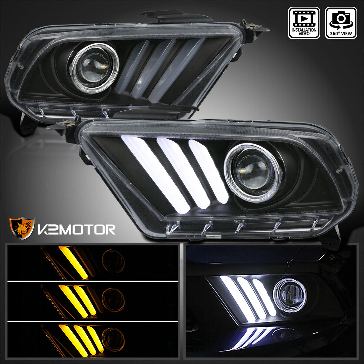 Black Fits 2010-2014 Ford Mustang Sequential LED Signal DRL Projector Headlights