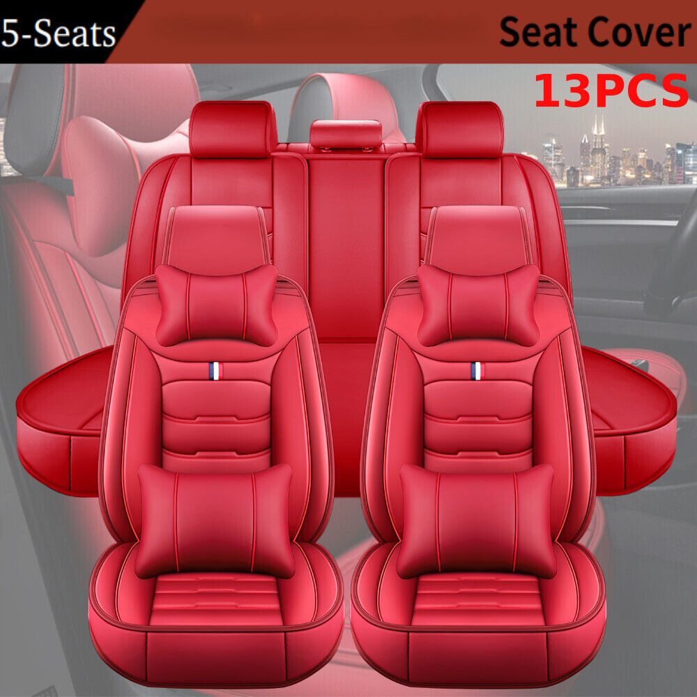 13PCS Universal Red Car 5-Seat Cover Front Rear PU Leather Interior Cushion Pad