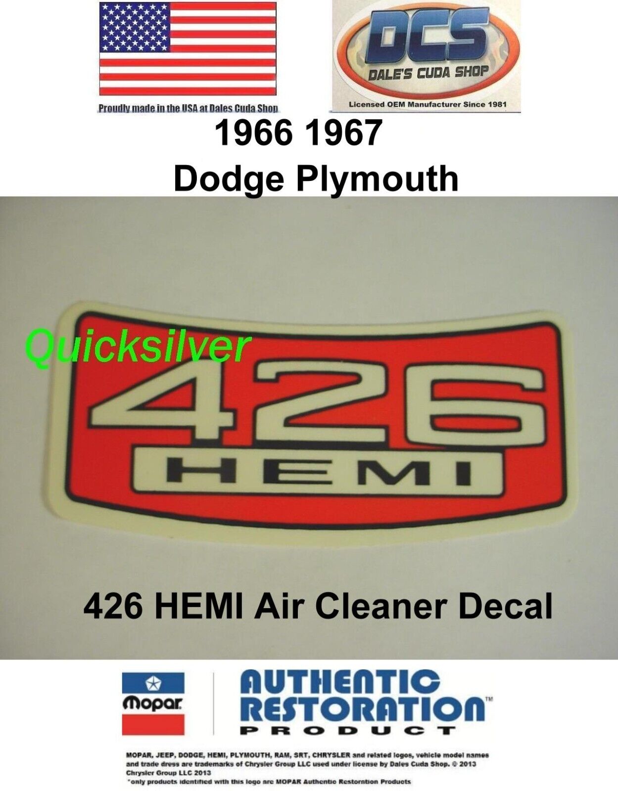 1966 1967 Dodge Charger Plymouth GTX 426 HEMI Air Cleaner Decal MoPar NEW USA