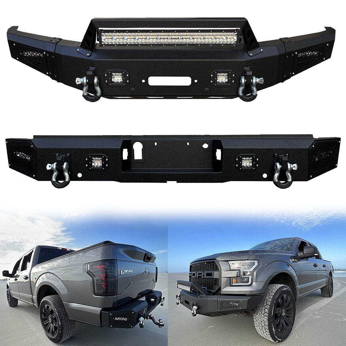 Vijay  For Ford F150 2015-2017 Front and Rear Bumper with D-rings and LED lights