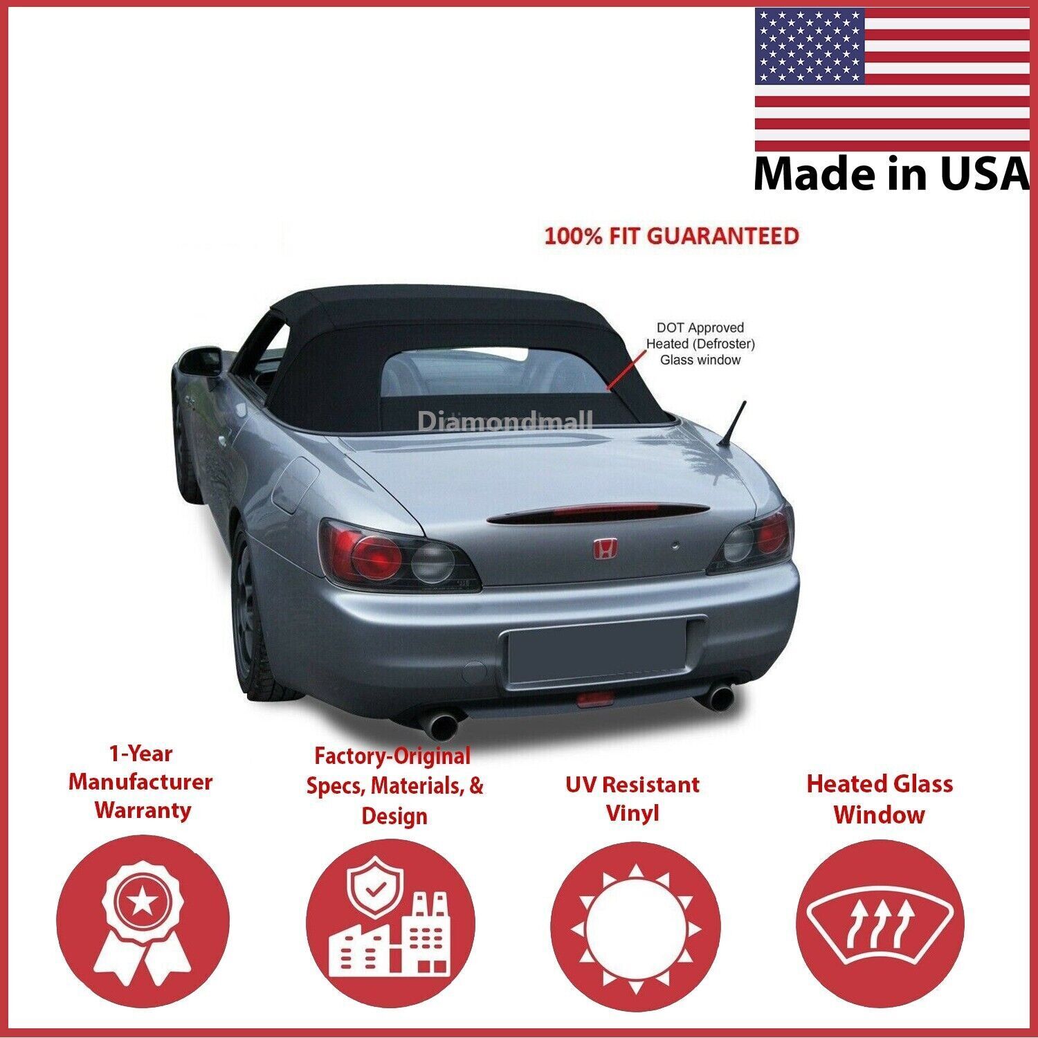 2002-09 Honda S2000 Convertible Soft Top w/DOT Approved Heated Glass, Black