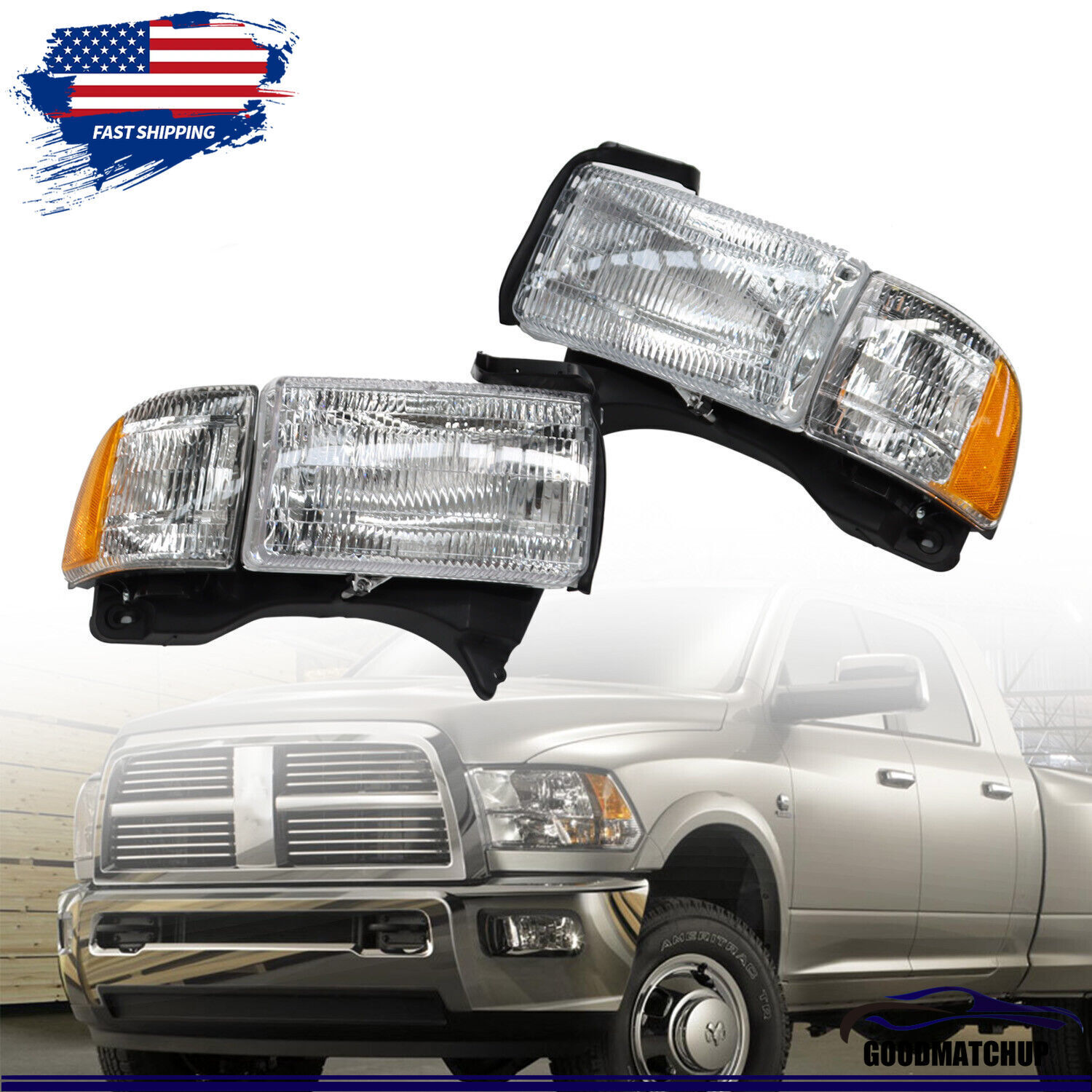 Fit For 94-01 Dodge Ram 1500 2500 3500 New Headlights Head Lamps Set