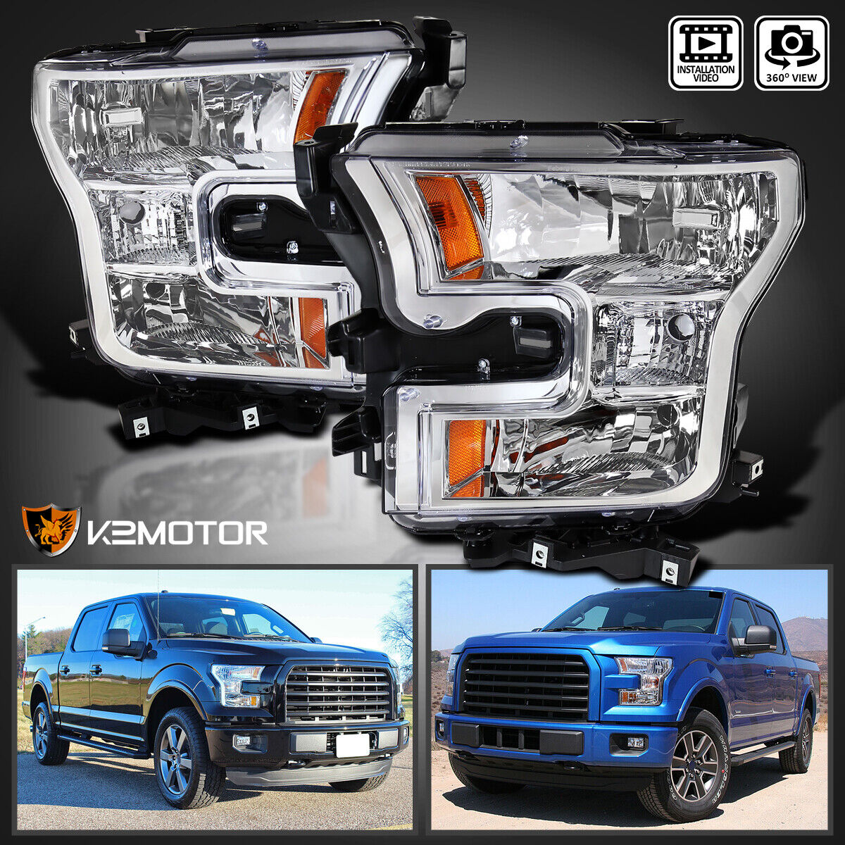 Fits 2015-2017 Ford F150 F-150 Replacement Headlights Headlamps Left+Right 15-17