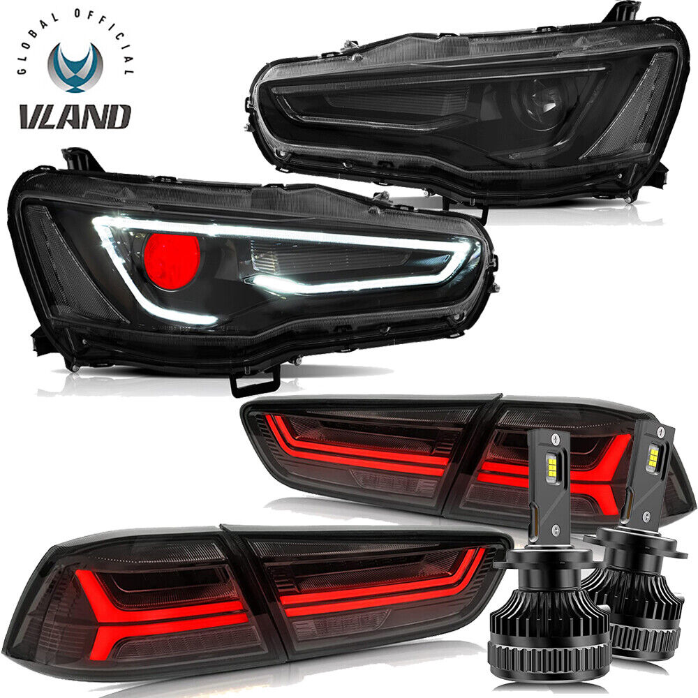 Vland For 2008-17 Lancer & EVO X Black Headlights+Rear Tail Lamps+Led Bulbs Kits