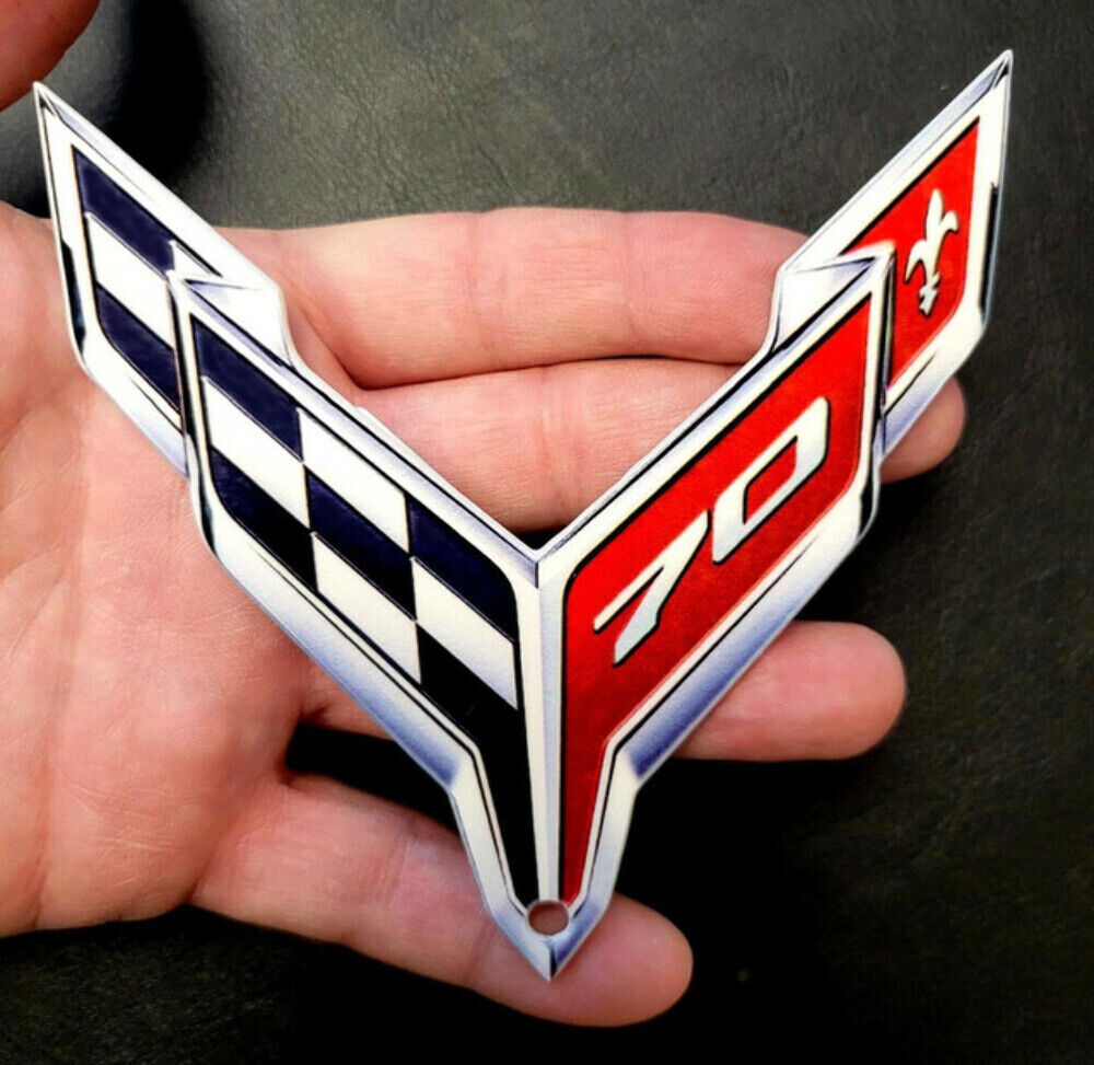 Corvette C8 70th Anniversary Crossed Flags NON OE Badge Steel 4.5 x 4.5 (Magnet)