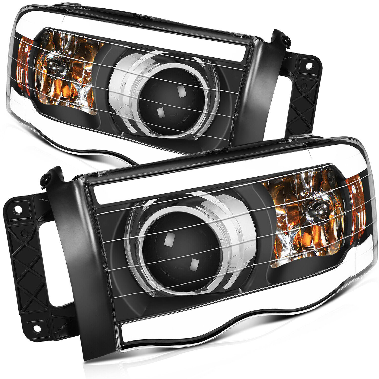 For 2002-2005 Dodge Ram 1500 2500 3500 Black Projector Headlight Pair W/ LED DRL