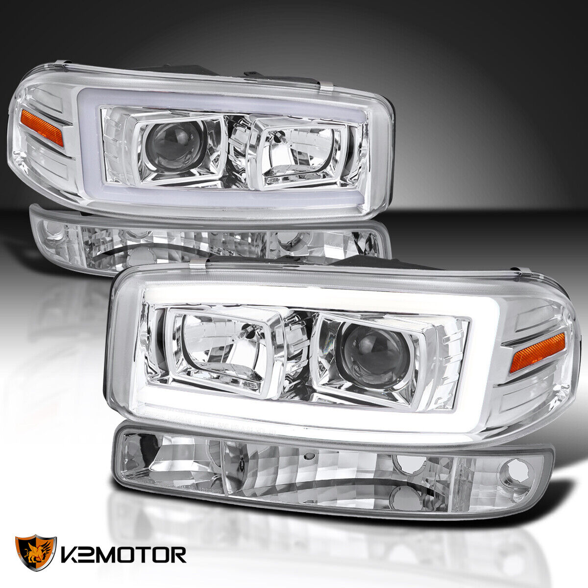 Fits 1999-2006 GMC Sierra Yukon XL LED Tube Projector Headlights+Bumper Lamps