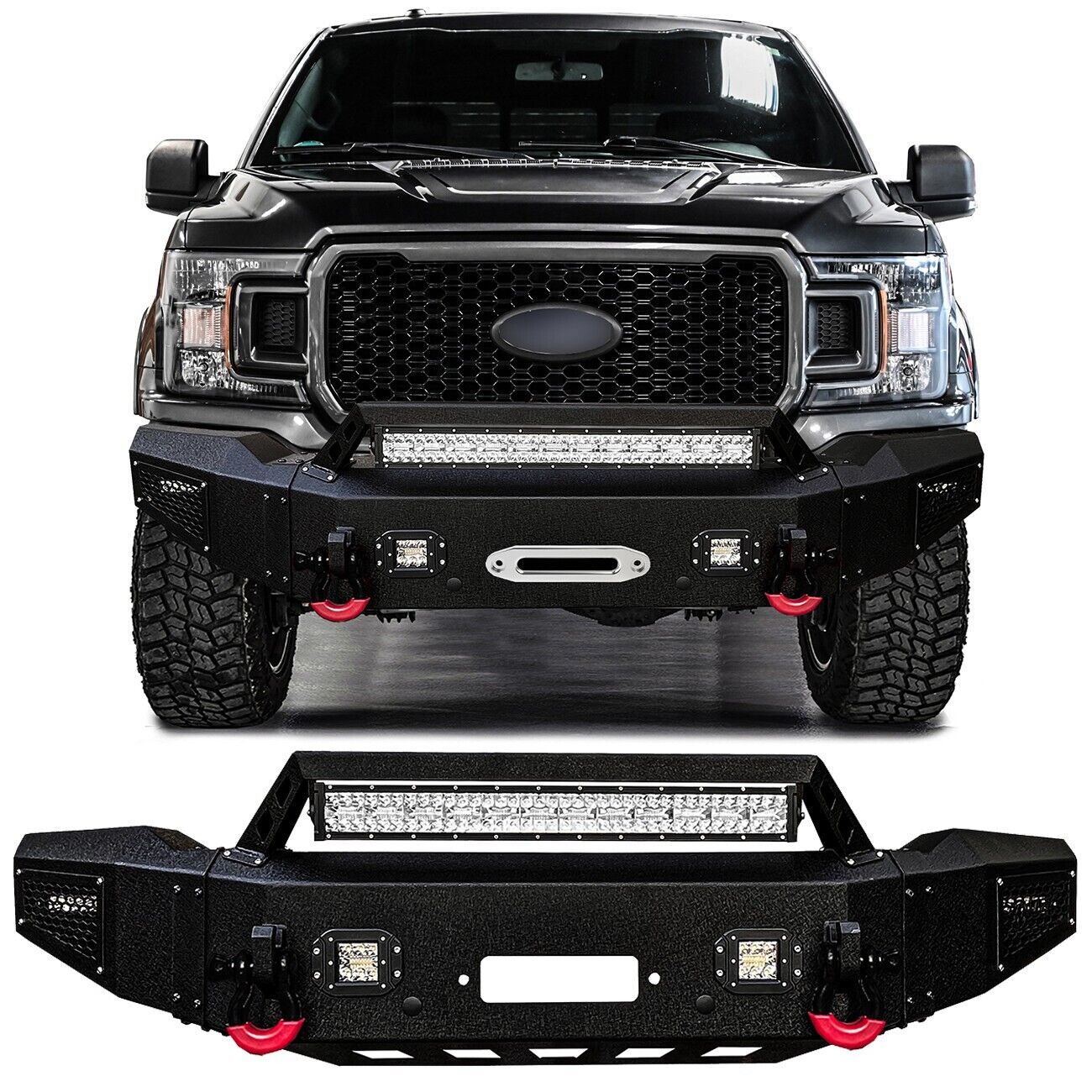 Vijay For 2018-2019-2020 Ford F150 Textured Black Front Bumper with 5xLED Lights