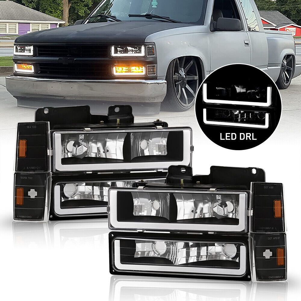 Fit 1994-1998 Chevy C10 C/K Tahoe LED Tube Headlights+Corner+Bumper Lamp+DRL OOD