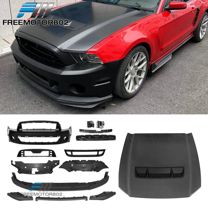Fits 10-14 Ford Mustang Front Bumper Cover GT500 Conversion with Hood Grille Lip